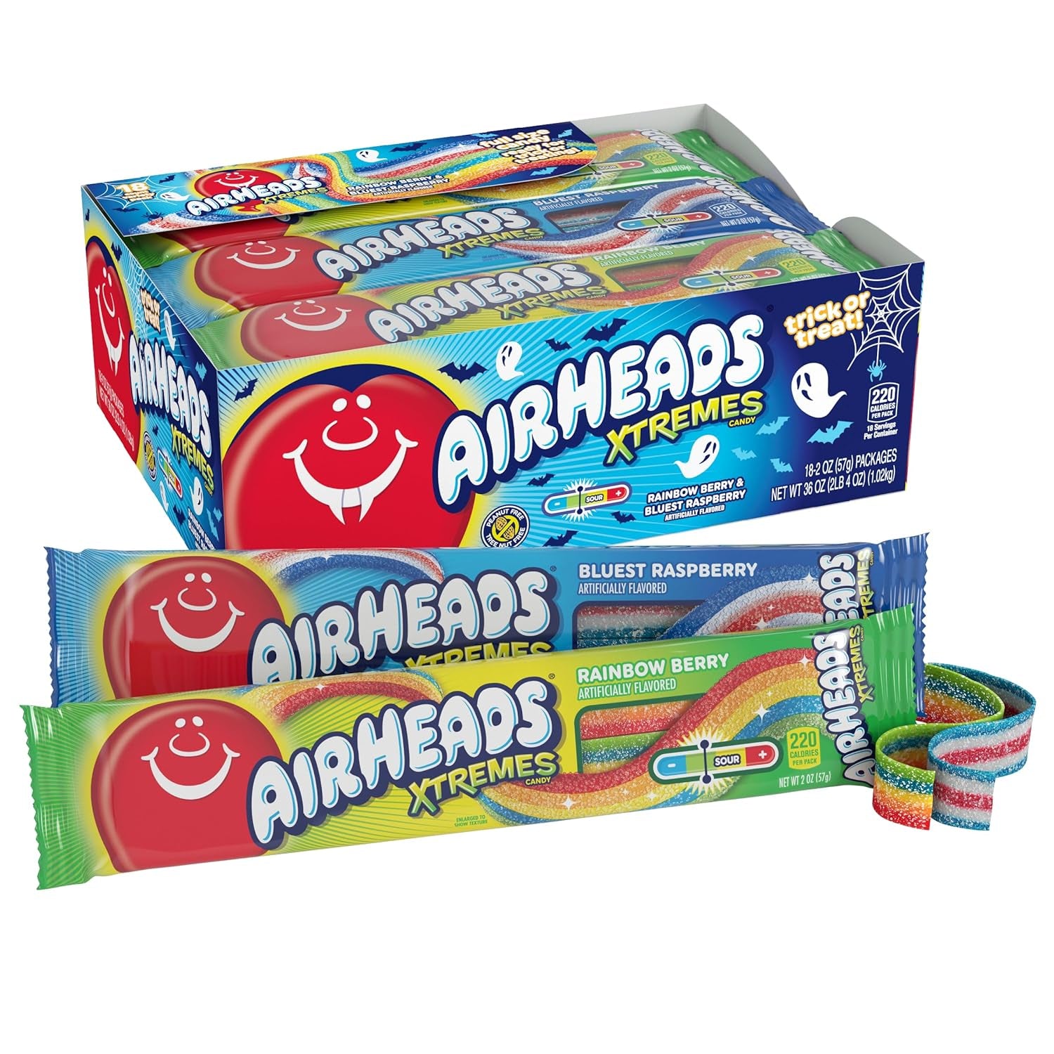 Xtremes Belts, Halloween Trick or Treat Pack, Rainbow Berry and Bluest Raspberry Flavors, Assorted Multipack, 2Oz (Pack of 18)