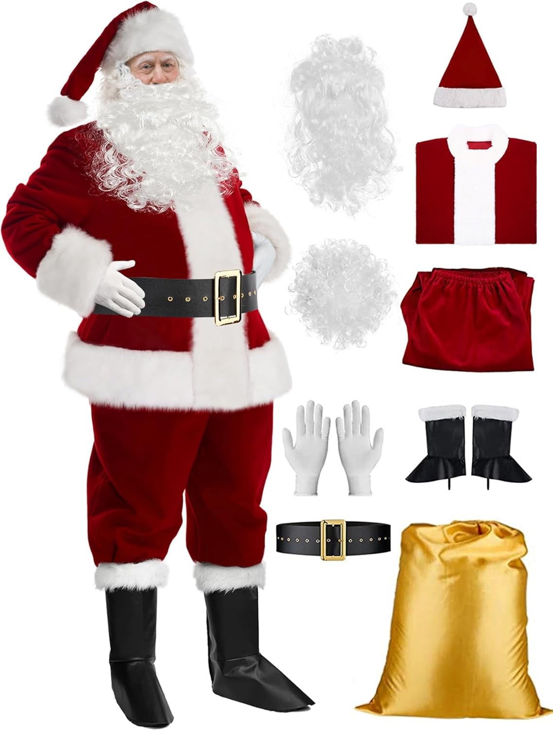 Santa Claus Costume for Men 9PCS, Christmas Santa Costume Adult Deluxe Santa Suit Professional Santa Outfit