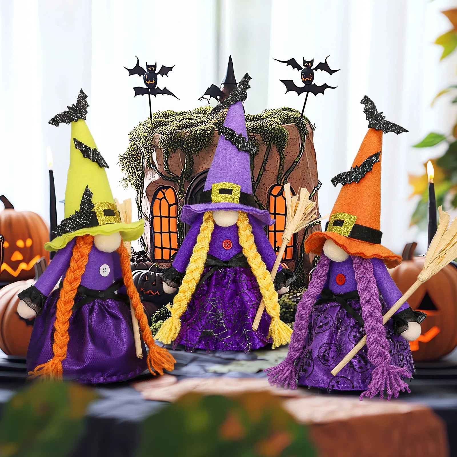 Hocus Pocus Halloween Gnomes Plush Decoration 3 Pcs Handmade Halloween Witches Swedish Scandinavian Tomte Elf Gnomes for Halloween Home Table Tiered Tray Decor