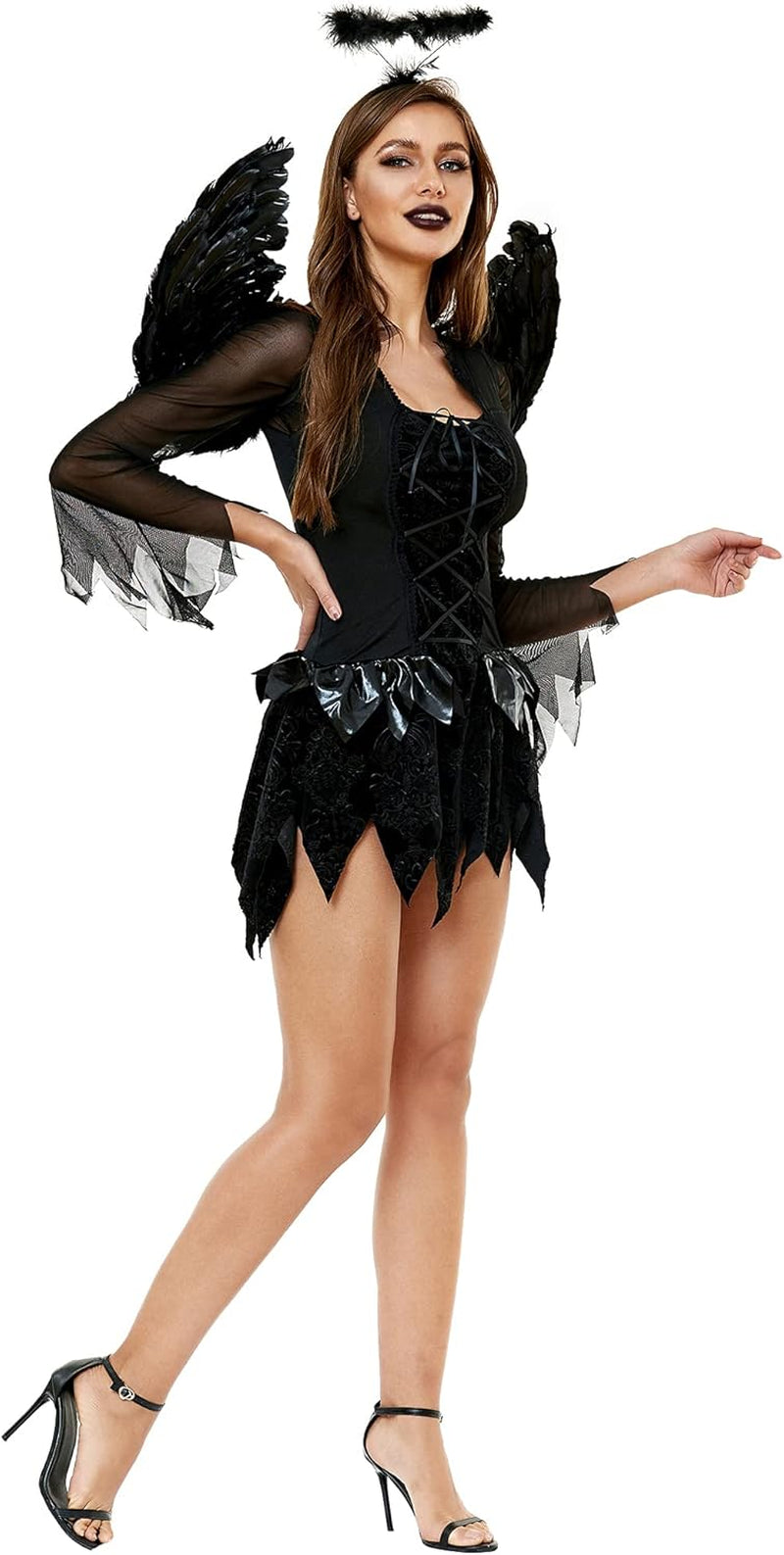 Dark Fallen Angel Corset Halloween Costume for Women with Wings and Angel Halo Headband