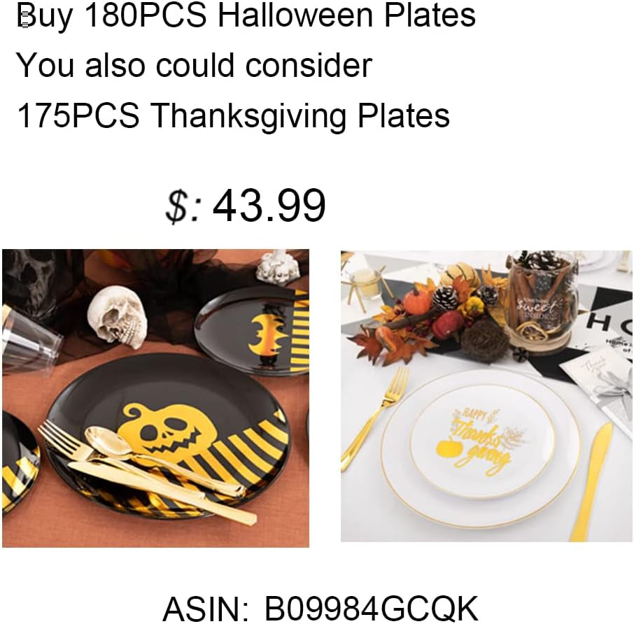30 Guests Halloween Plates&Black Plastic Plates&Black and Gold Plastic Plates-Include 60 Plates, 30 Forks, 30 Knives, 30 Spoons, 30 Cups Ideal for Party, New Years Eve