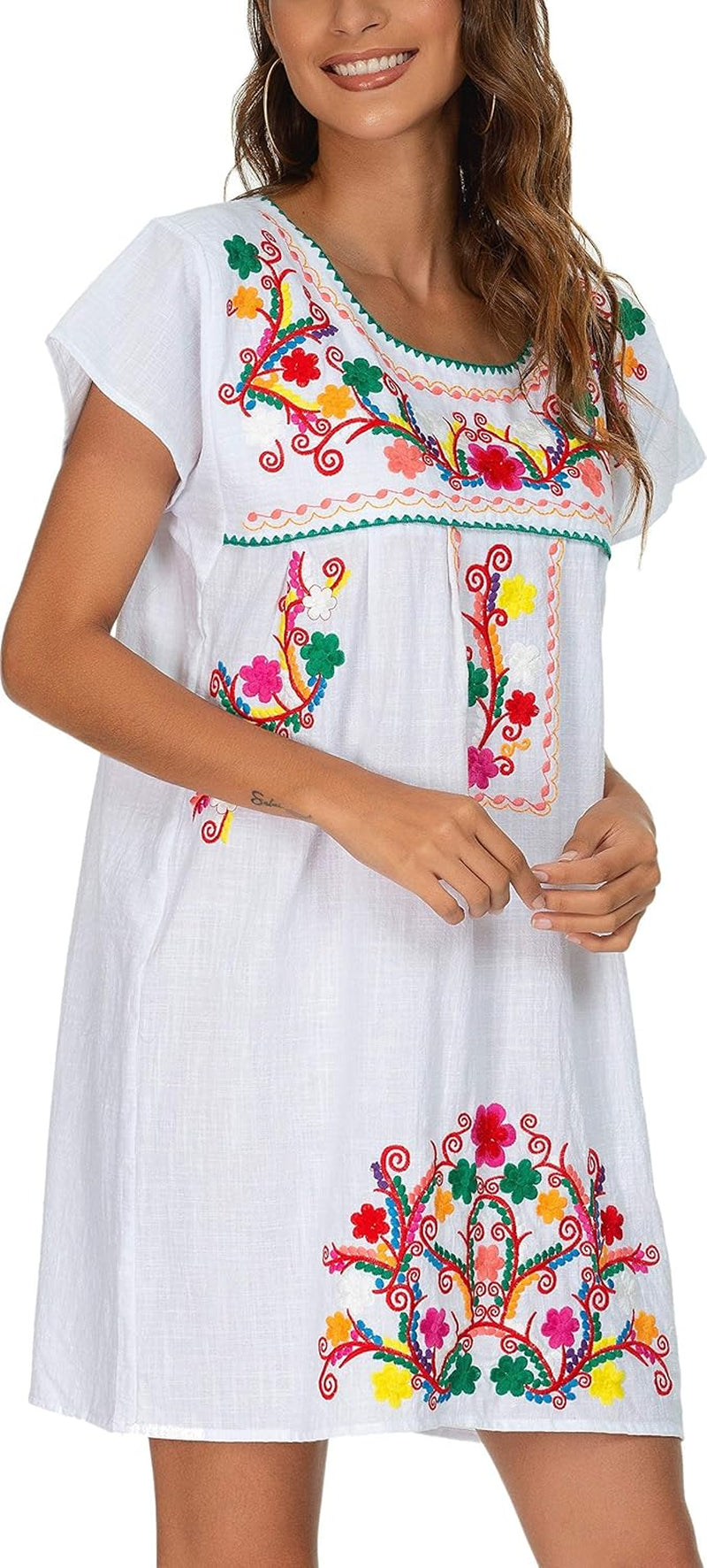 Women Mexican Embroidered Dress Short Sleeve