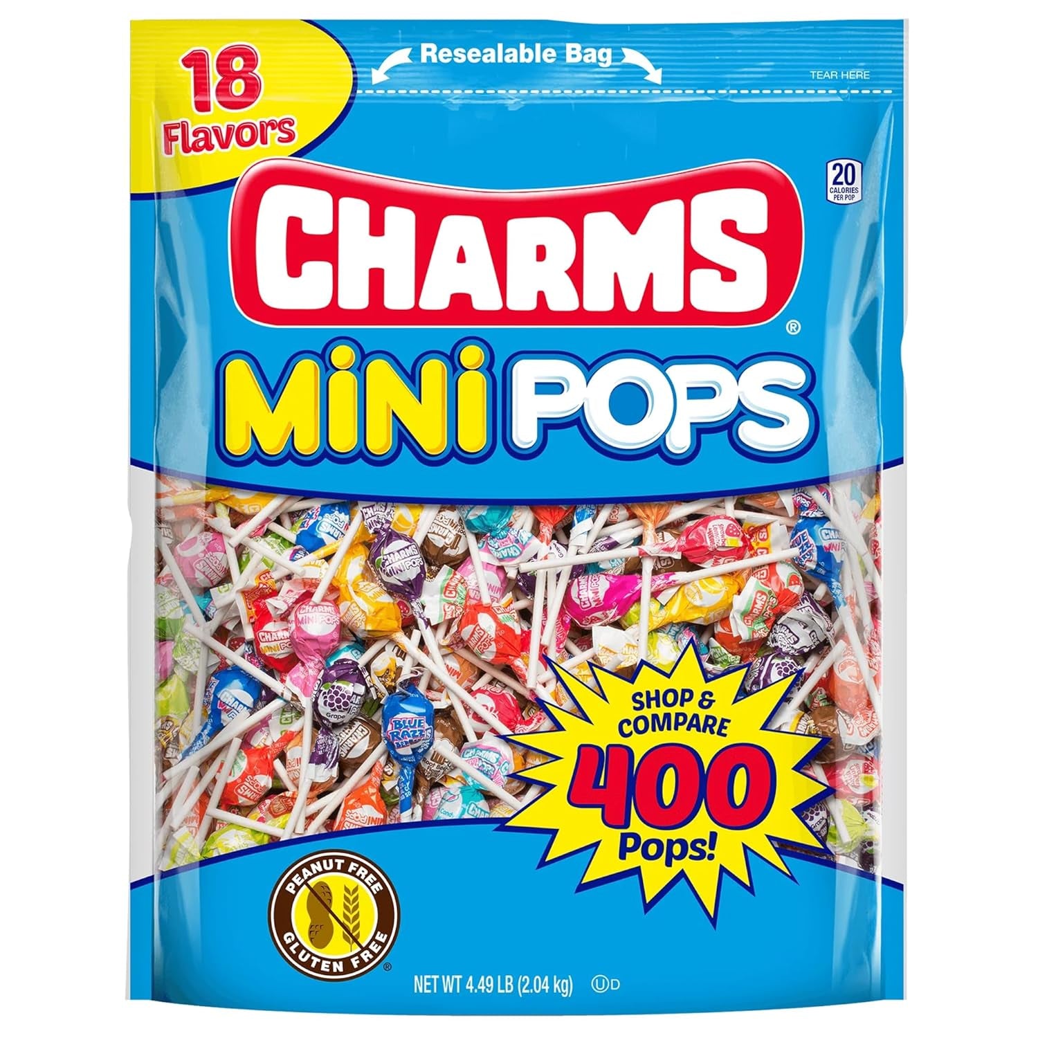 Charms Mini Pops - 4.5 Lb Bag of Individually Wrapped Fruity Hard Candy Lollipops in 18 Fun Flavors - Peanut and Gluten Free, 400 Count, Packaging May Vary