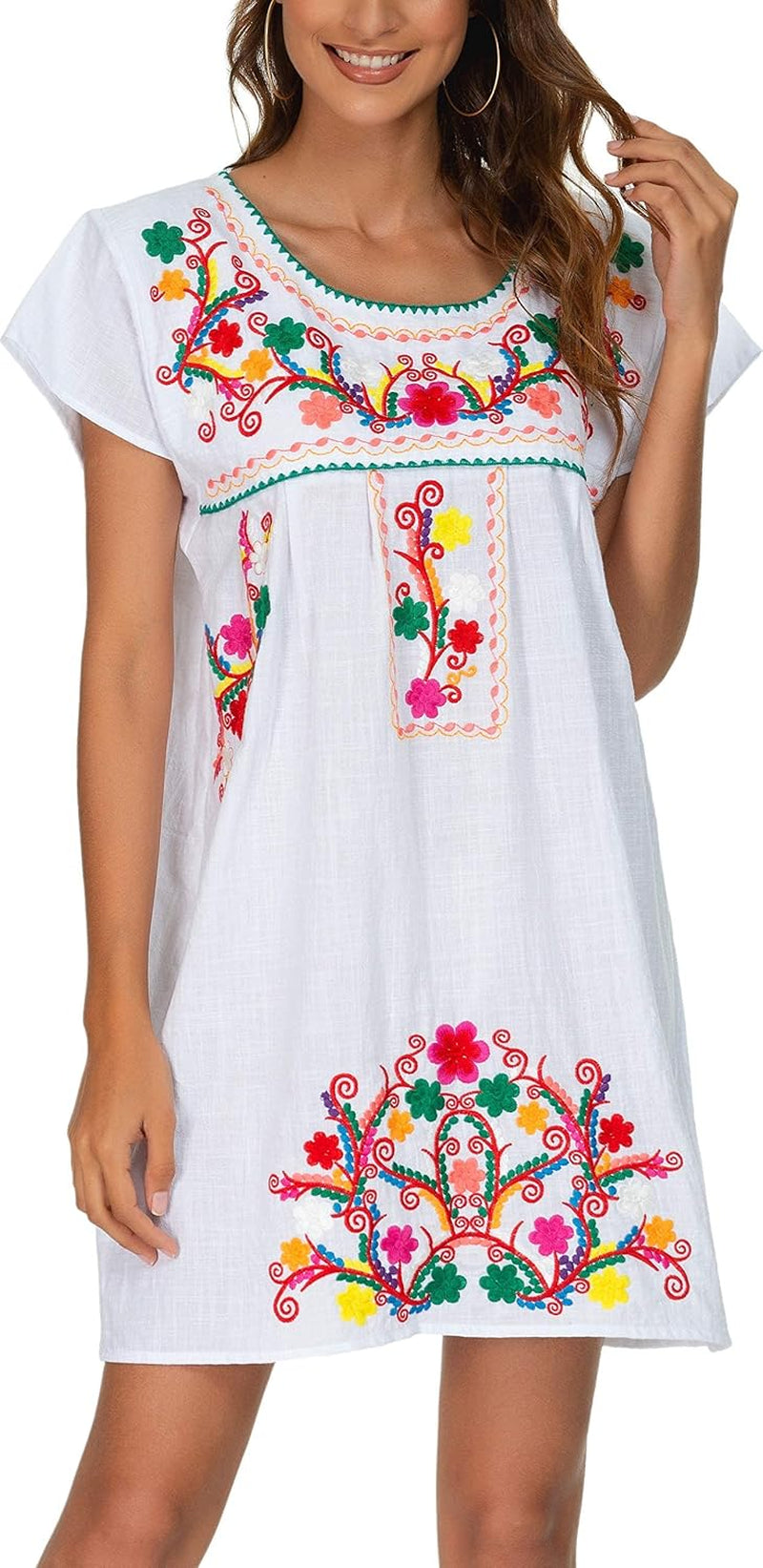 Women Mexican Embroidered Dress Short Sleeve