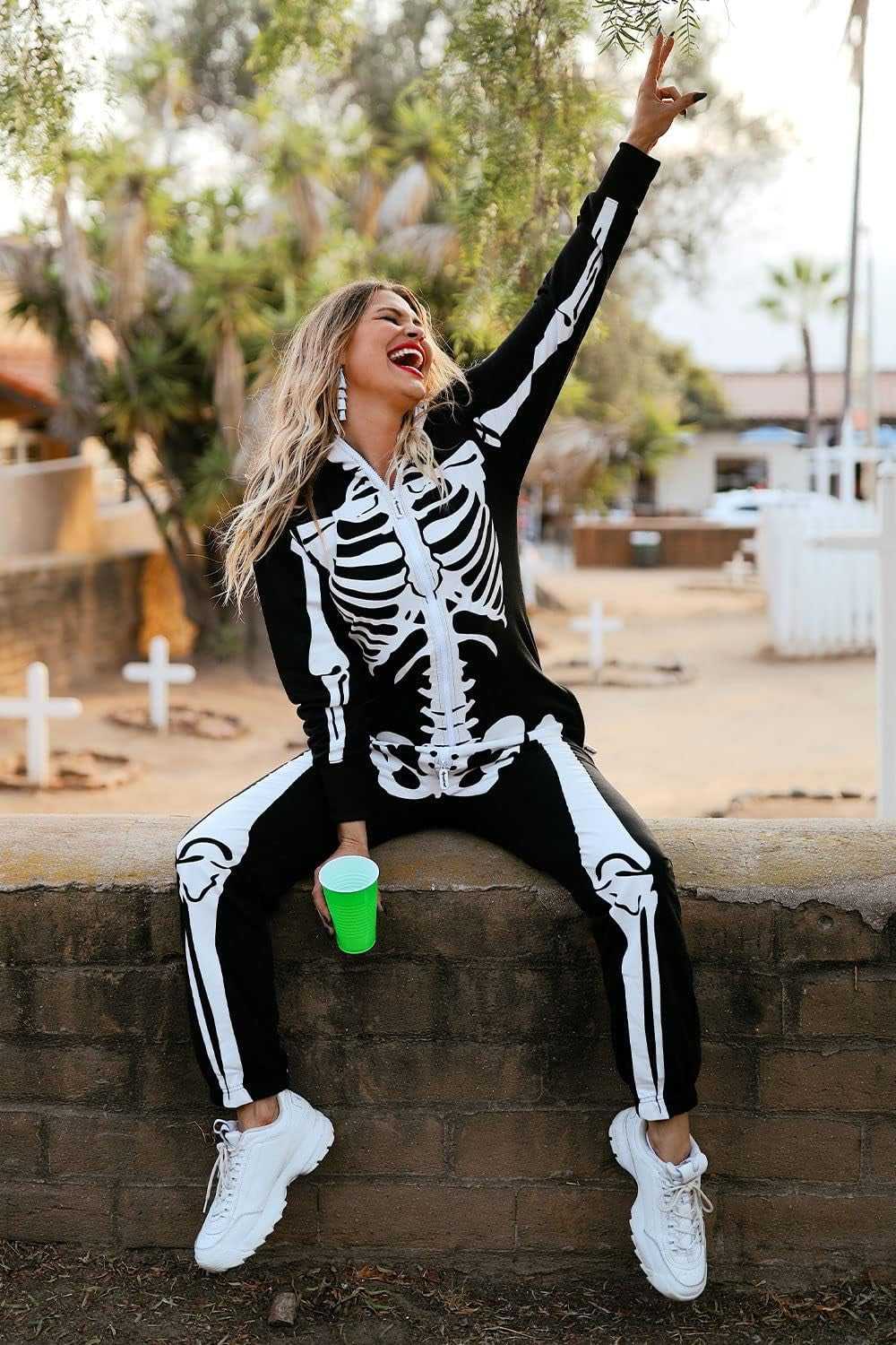 Halloween Skeleton Costume for Women - Comfy Easy Adult Onesie Jumpsuit - Front and Back Print with Zip up Mask