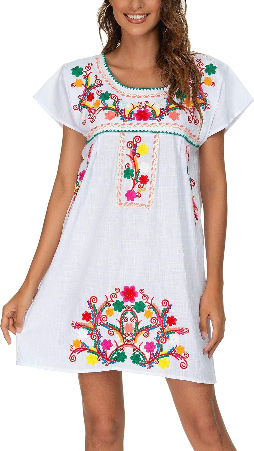 Women Mexican Embroidered Dress Short Sleeve