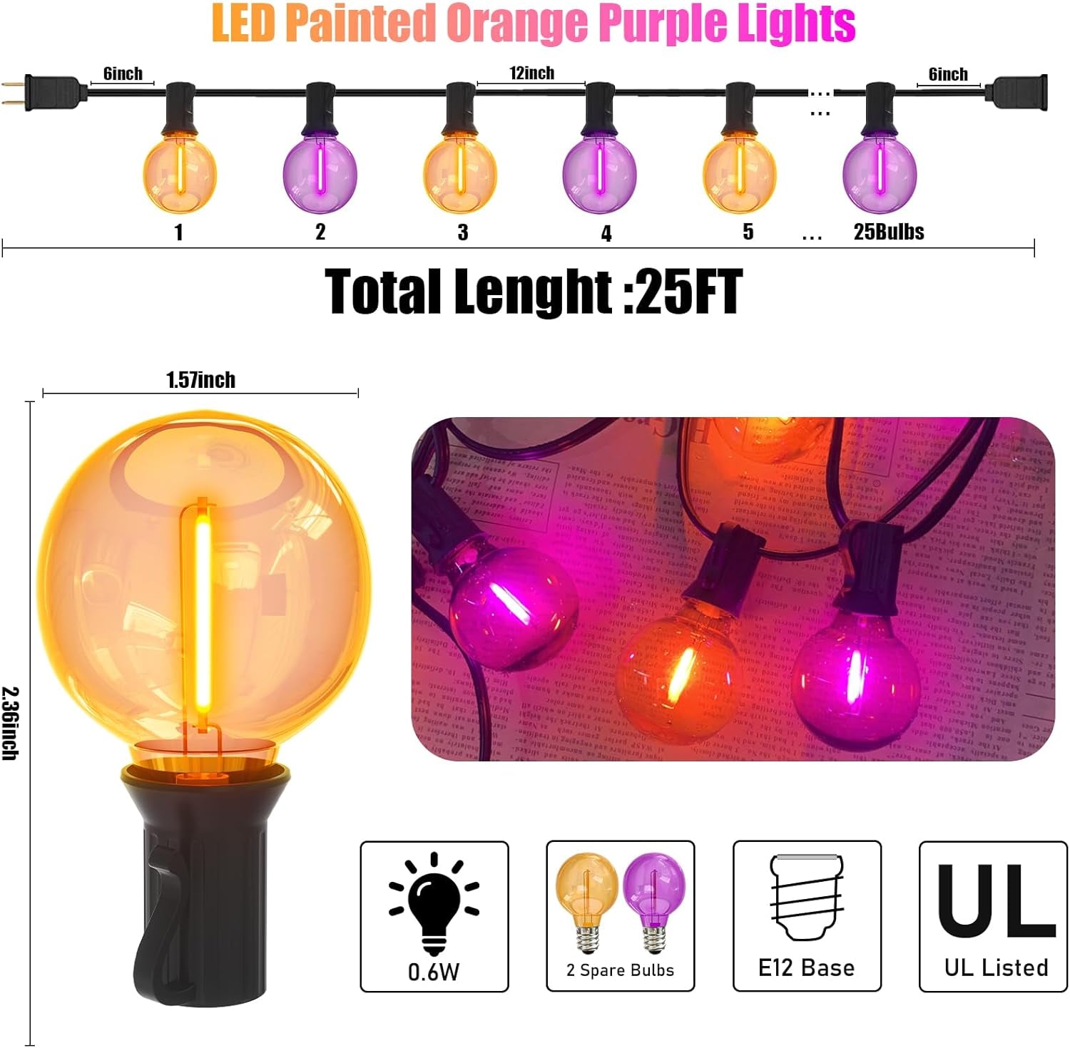 Purple and Orange Halloween Lights, 25FT 27 Count Halloween G40 LED String Lights, Indoor Decoration Lights for Outdoor Patio Home Party Garden Yard-Black Wire