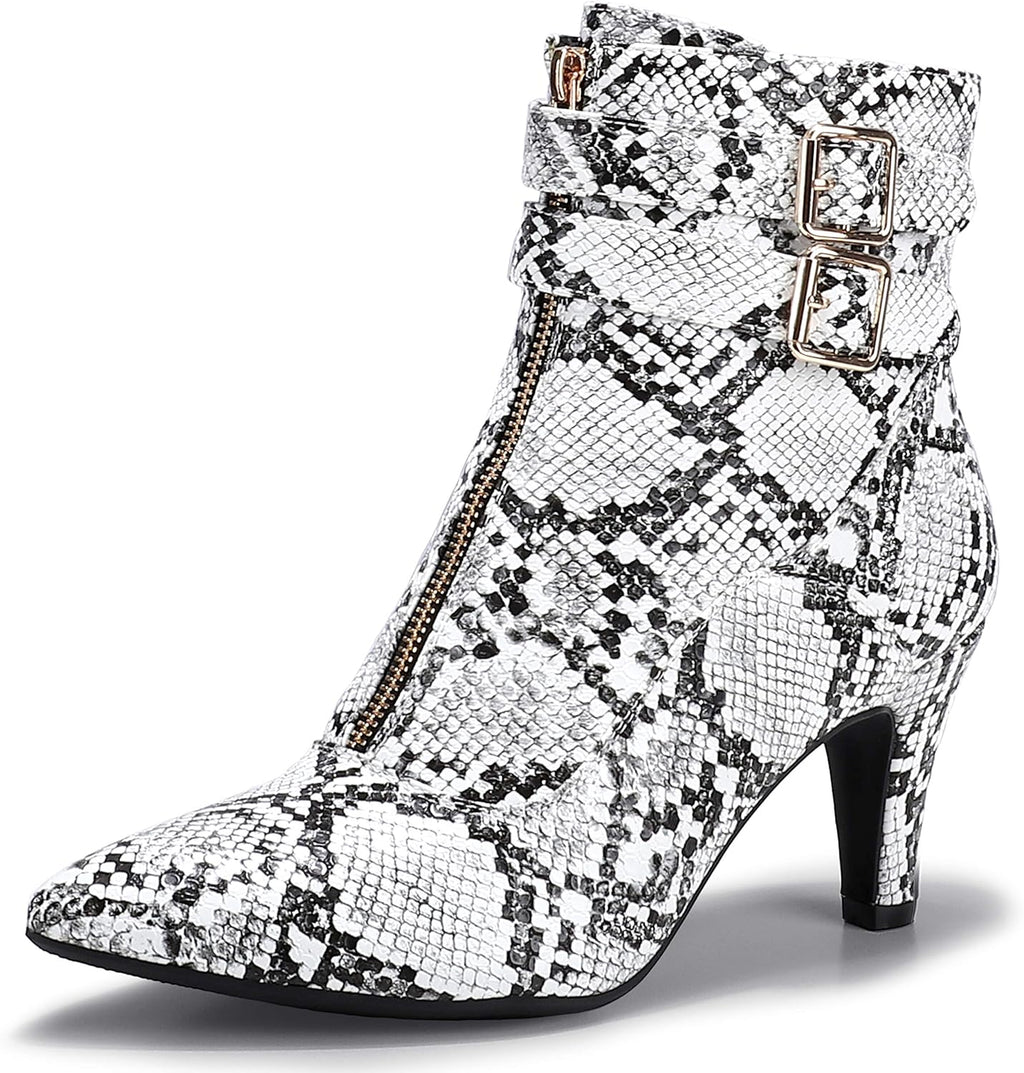 Women'S Pointed Toe Metal Buckle Two Strap Ankle Booties Side Zipper Kitten Heel Dress Classic Short Boots
