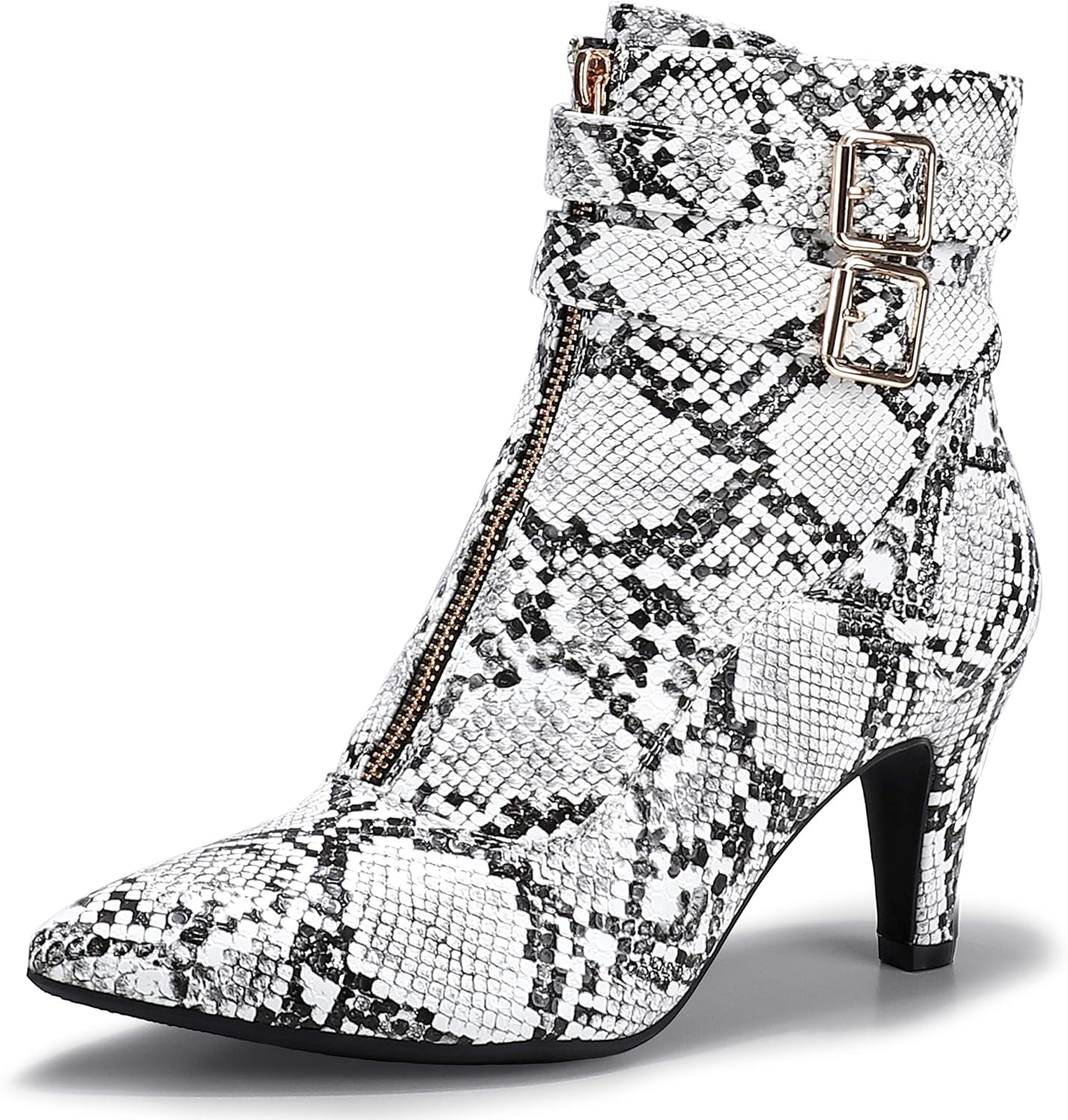 Women'S Pointed Toe Metal Buckle Two Strap Ankle Booties Side Zipper Kitten Heel Dress Classic Short Boots