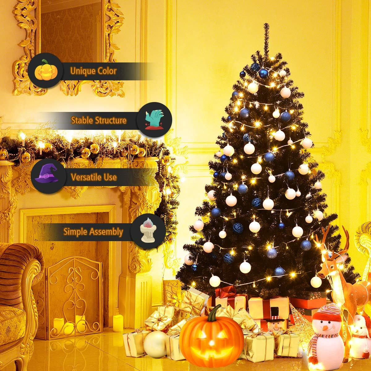 7.5Ft Unlit Black Christmas Tree, Artificial Halloween Tree with 1258 Branch Tips, Metal Stand, Xmas Full Tree for Indoor Holiday Carnival Party