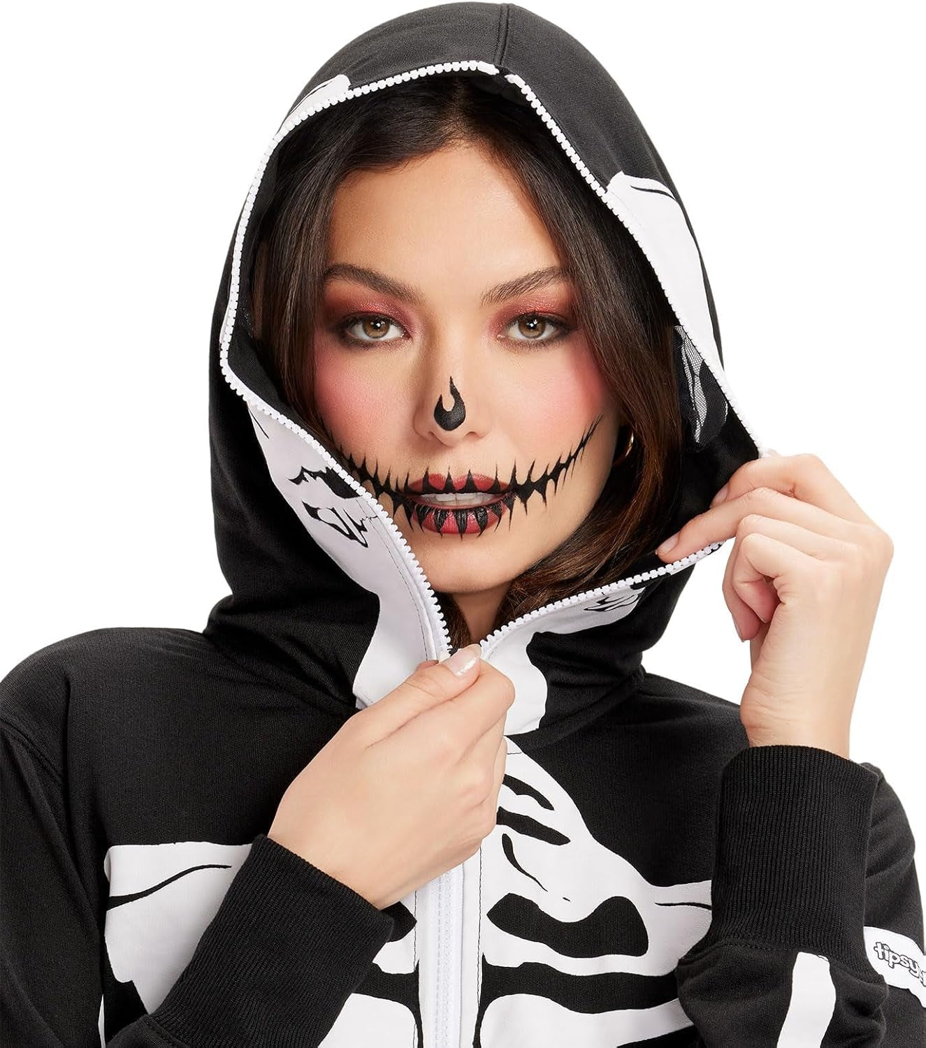Halloween Skeleton Costume for Women - Comfy Easy Adult Onesie Jumpsuit - Front and Back Print with Zip up Mask
