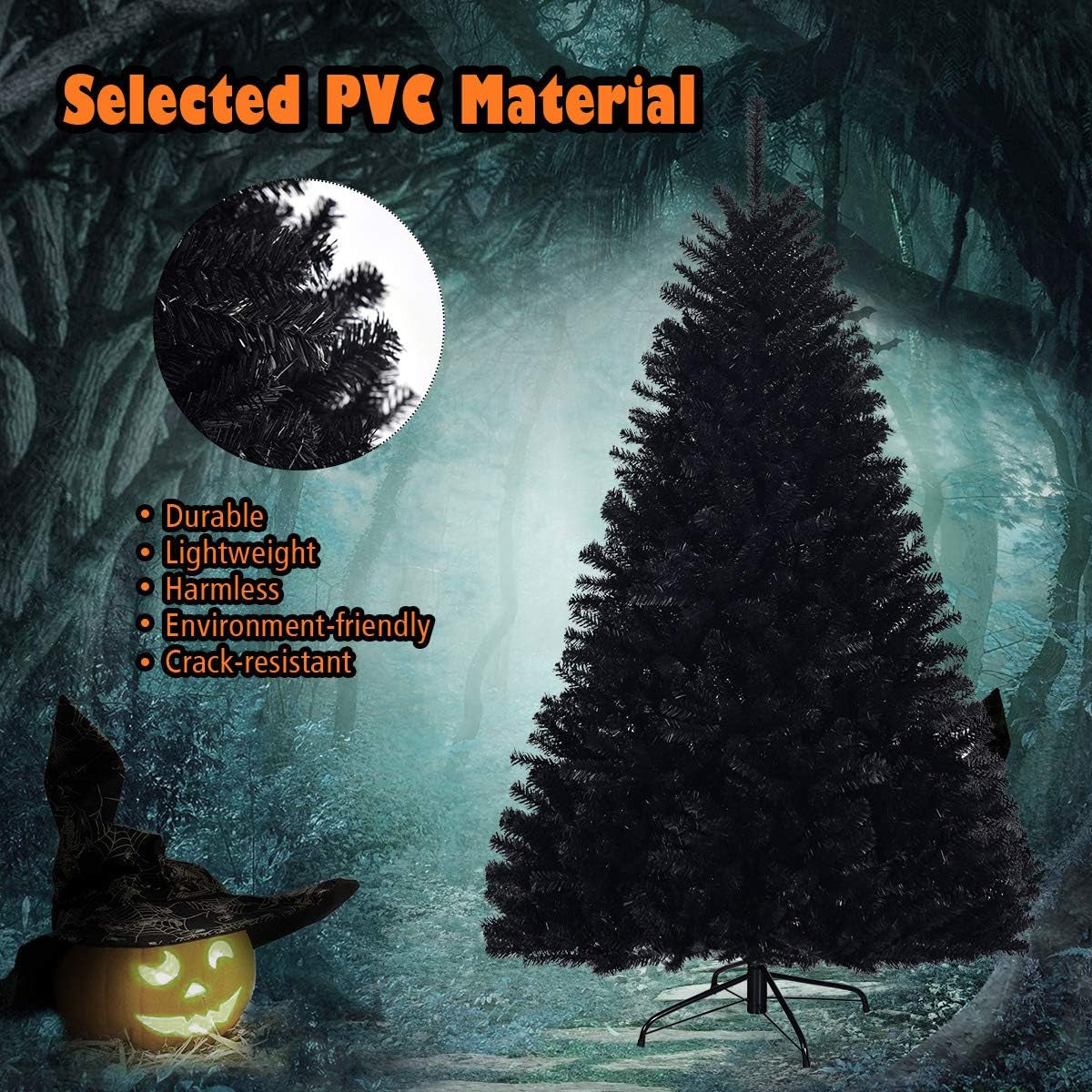 7.5Ft Unlit Black Christmas Tree, Artificial Halloween Tree with 1258 Branch Tips, Metal Stand, Xmas Full Tree for Indoor Holiday Carnival Party