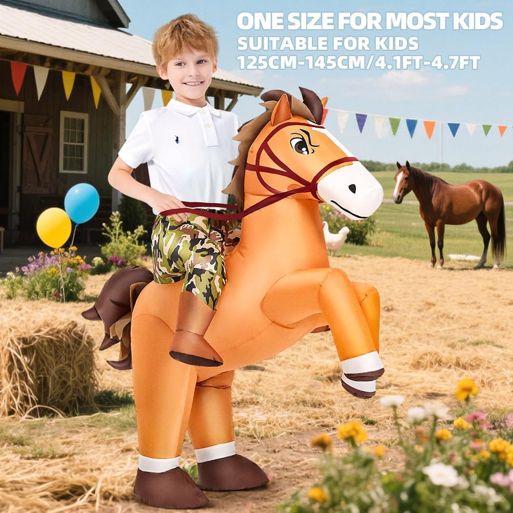 Inflatable Horse Costume Kids Halloween Riding Cowboy Cowgirl Costume Funny Blow up Horse Suits for Boys Girls Cosplay Party