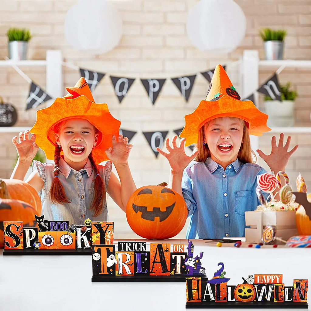3Pcs Halloween Wooden Table Centerpieces Signs, Halloween Decorations Indoor Table Decor for Halloween Party Supplies, Orange