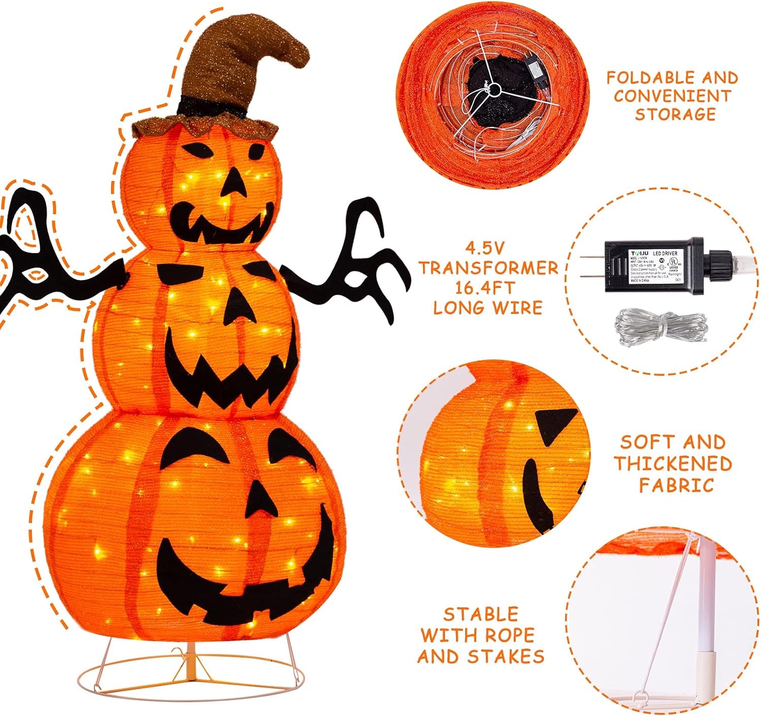 4FT Halloween Decorations Outdoor, Fabric Halloween Stacked Pumpkin Yard Decorations with Witches Hat Build in LED Lights for Lawn and Garden