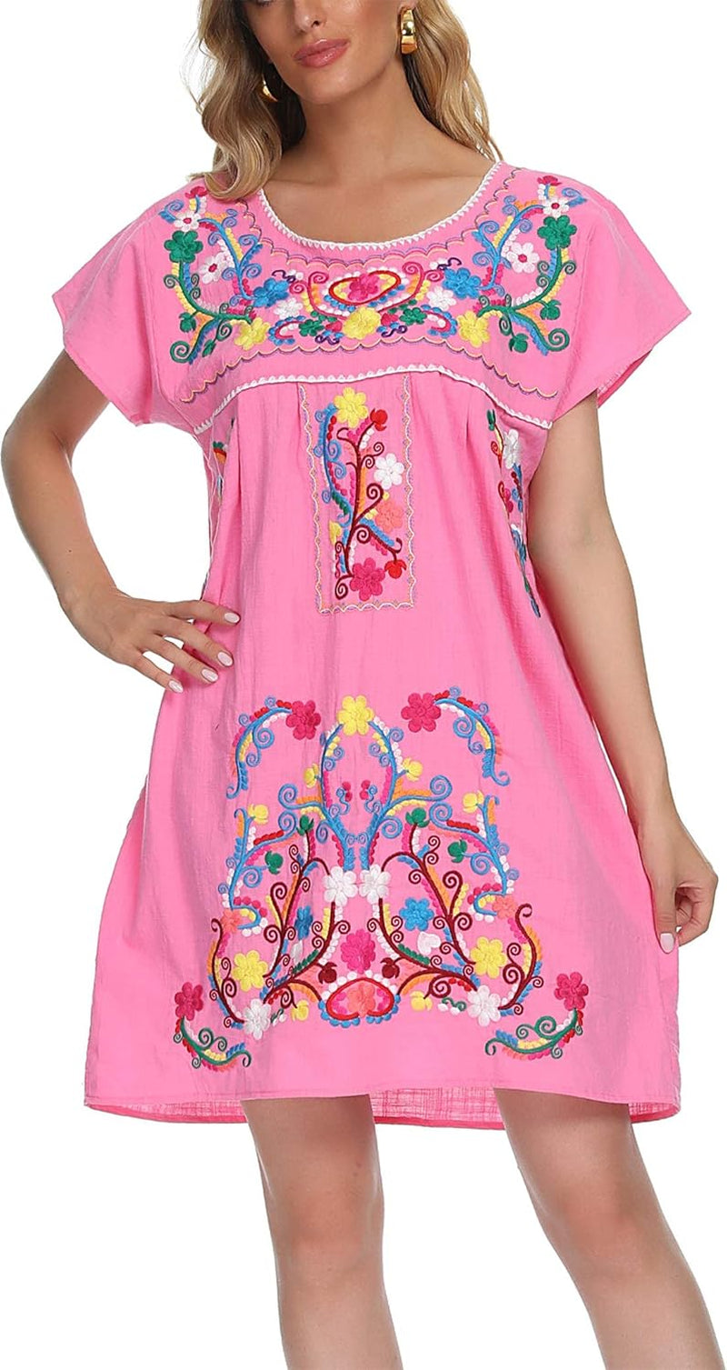 Women'S Casual Skirt Boho Mexican Peasant Dresse plus Size XXL Dress (225PINK, M)