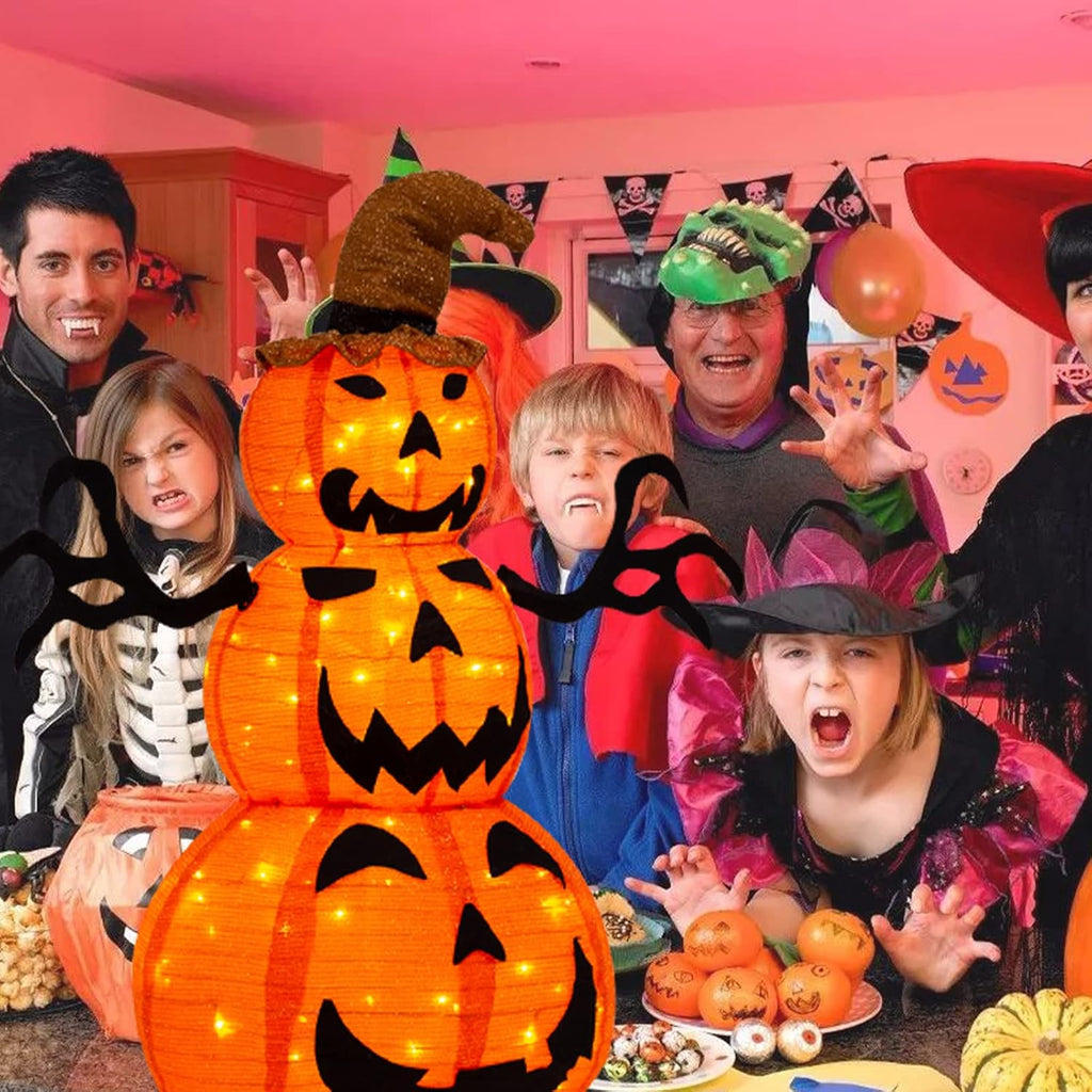 4FT Halloween Decorations Outdoor, Fabric Halloween Stacked Pumpkin Yard Decorations with Witches Hat Build in LED Lights for Lawn and Garden