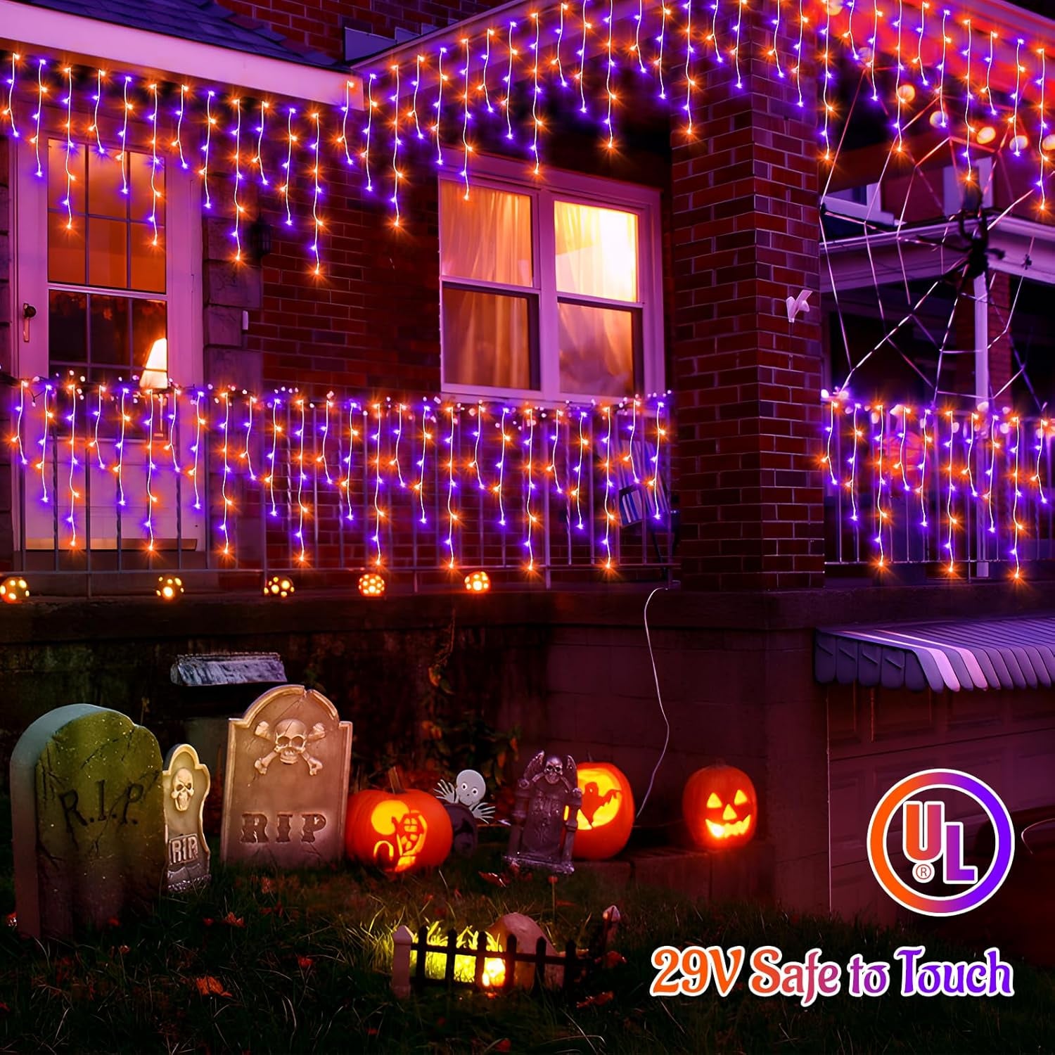 Orange Purple Halloween Lights 33FT 400 LED String Lights Outdoor with 75 Drops, 8 Lighting Modes, Timer Memory Function Connectable Hanging Curtain Lights for Halloween Party Decor