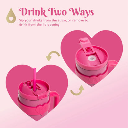 20 oz Double-Wall Insulated Tumbler, Includes 2-in-1 Lid & Removable Straw, Removable Heart-Detail Handle, Hot Pink