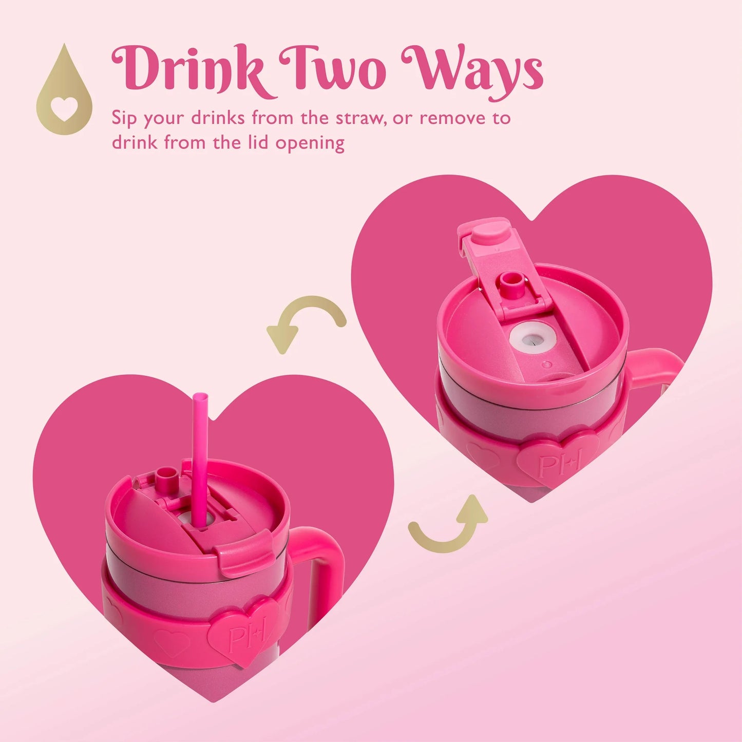 20 oz Double-Wall Insulated Tumbler, Includes 2-in-1 Lid & Removable Straw, Removable Heart-Detail Handle, Hot Pink