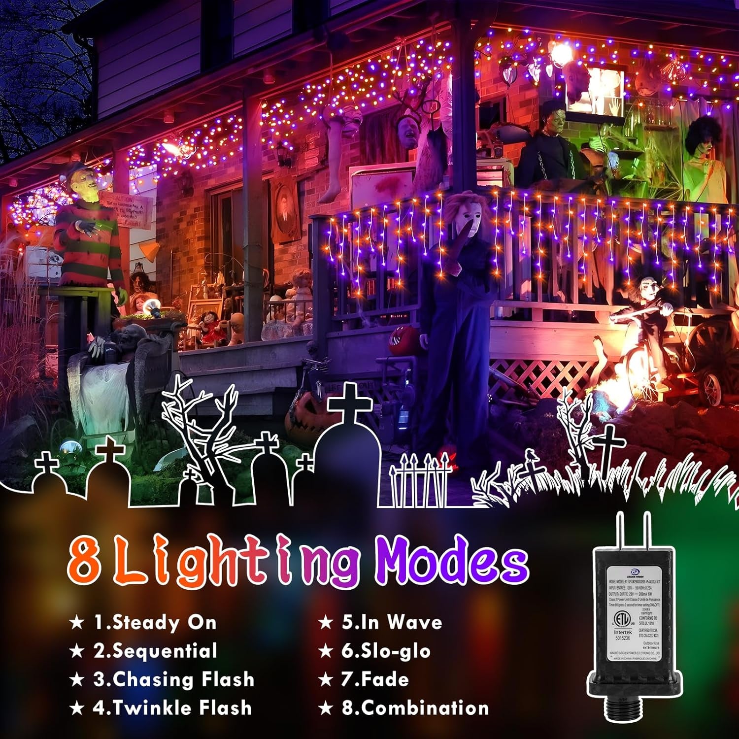 Orange Purple Halloween Lights 33FT 400 LED String Lights Outdoor with 75 Drops, 8 Lighting Modes, Timer Memory Function Connectable Hanging Curtain Lights for Halloween Party Decor