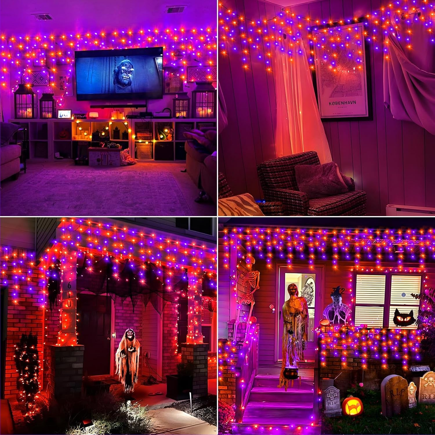Orange Purple Halloween Lights 33FT 400 LED String Lights Outdoor with 75 Drops, 8 Lighting Modes, Timer Memory Function Connectable Hanging Curtain Lights for Halloween Party Decor