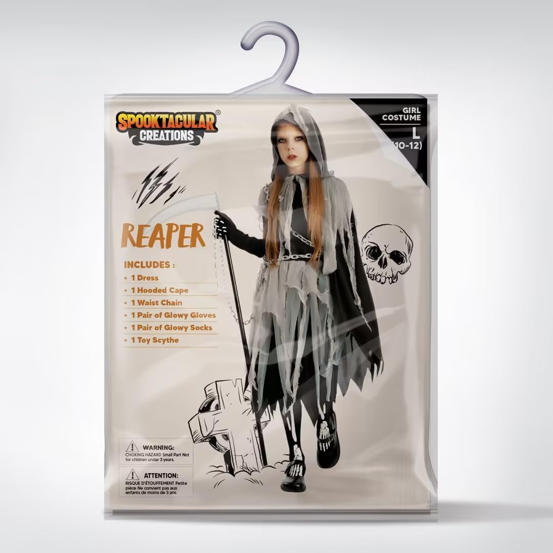 Girl Grim Reaper Costume with Gloves and Tights Glow in the Dark, Scary Halloween Costume
