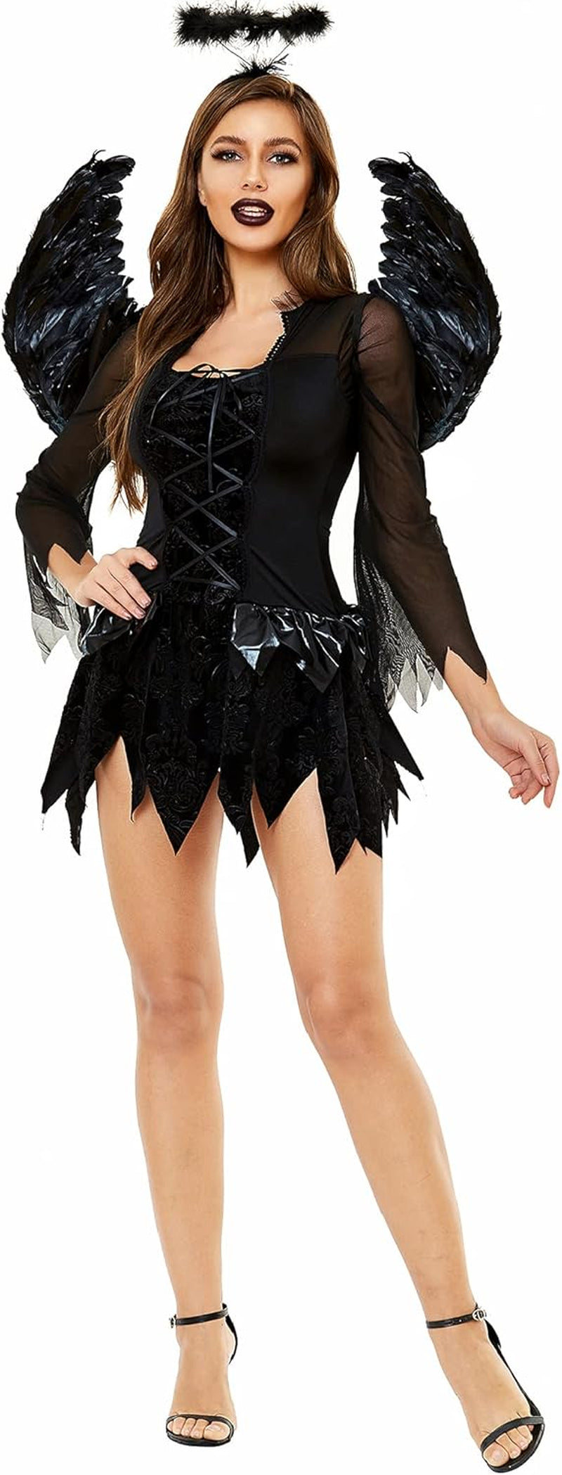 Dark Fallen Angel Corset Halloween Costume for Women with Wings and Angel Halo Headband