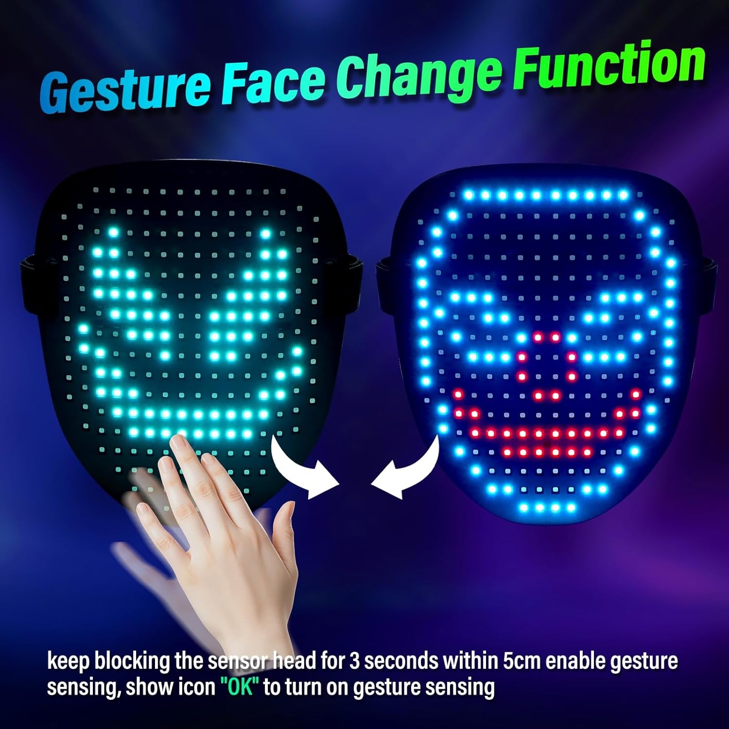 LED Face Mask with Gesture Control – Rechargeable Light up Halloween Masks Costume for Adults & Kids, Glowing Transformable Cosplay Mask for Parties, Christmas, Concerts