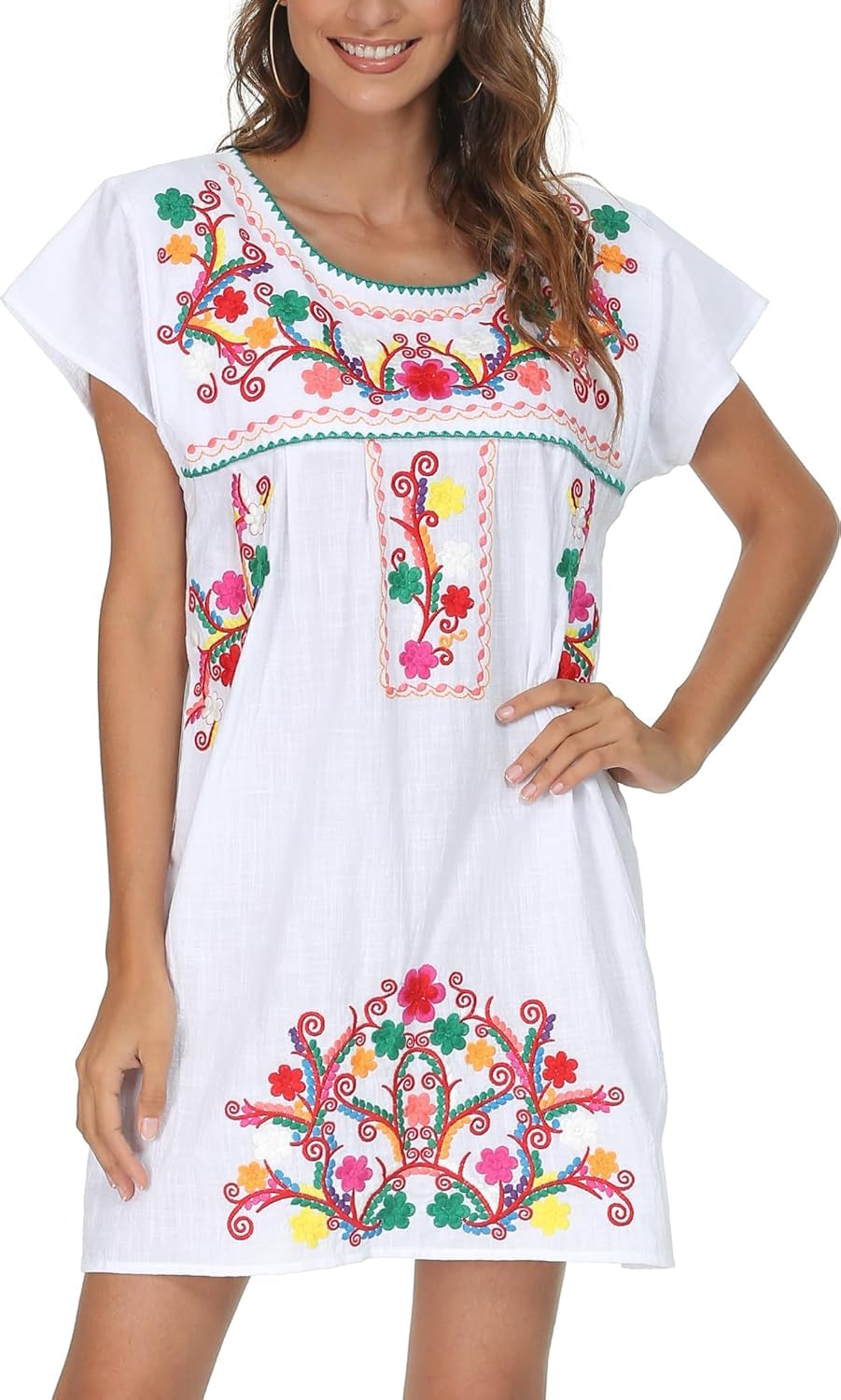 Women Mexican Embroidered Dress Short Sleeve