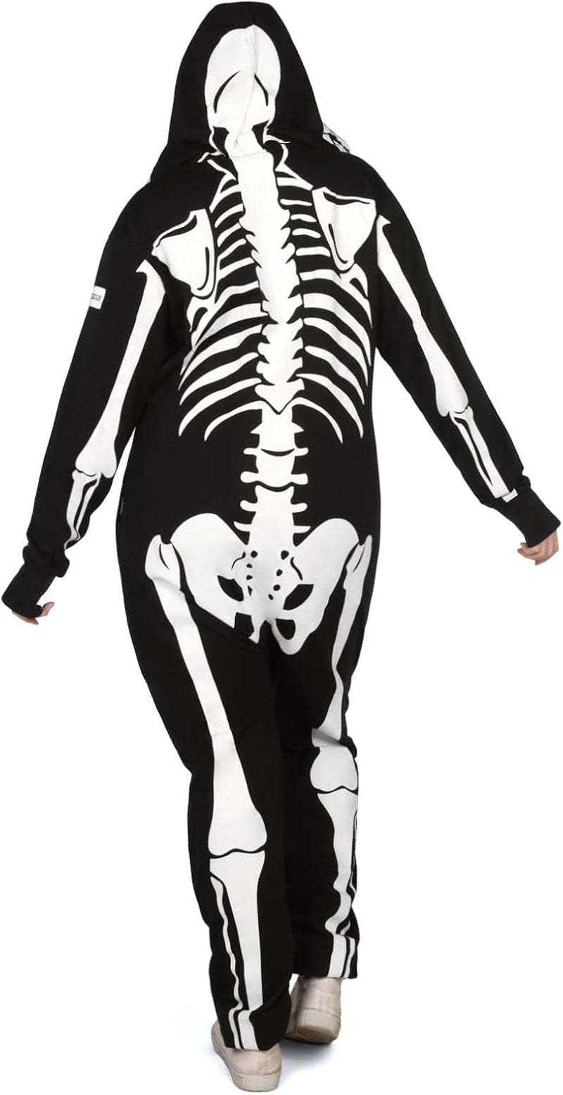 Halloween Skeleton Costume for Women - Comfy Easy Adult Onesie Jumpsuit - Front and Back Print with Zip up Mask
