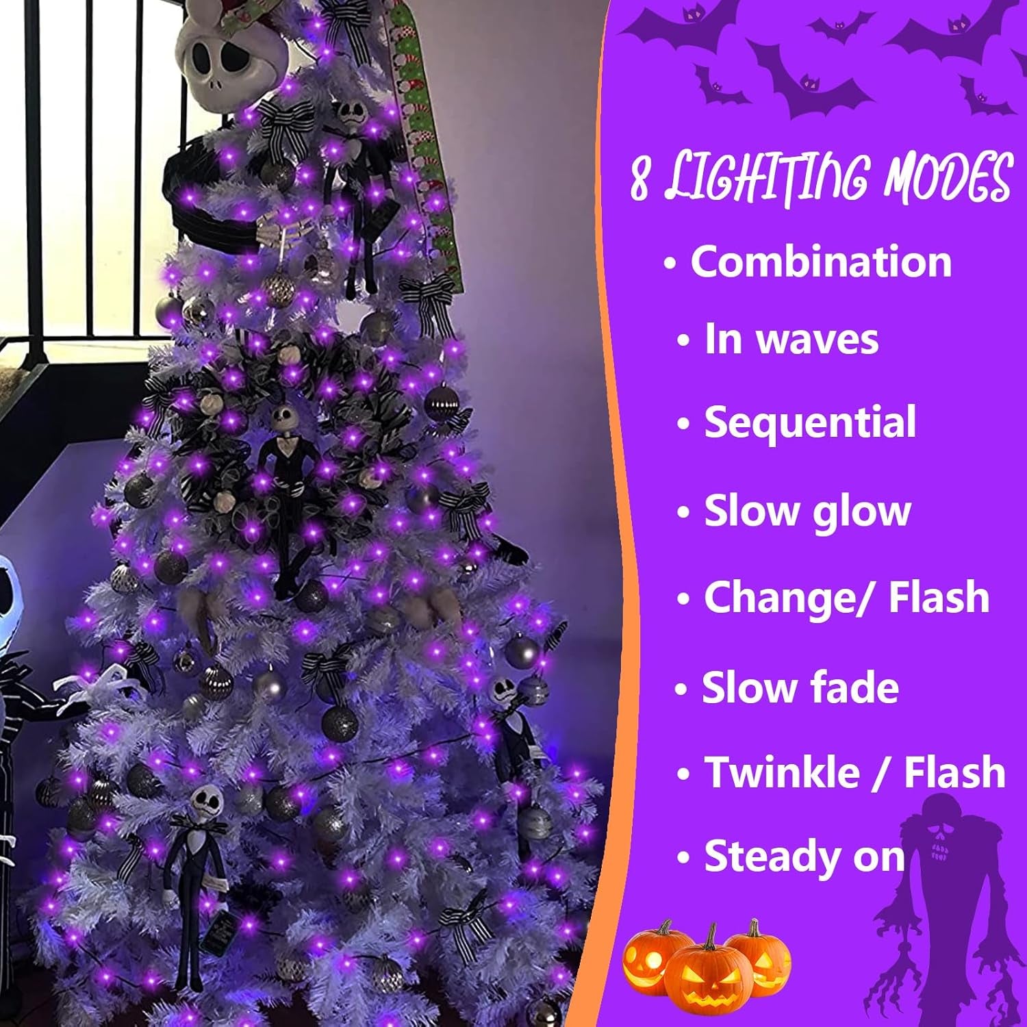 66Ft 200 LED Purple Halloween Lights Outdoor Waterproof, Green Wire Christmas String Lights Indoor, 8 Modes Twinkle Tree Lights Plug in with Timer Memory