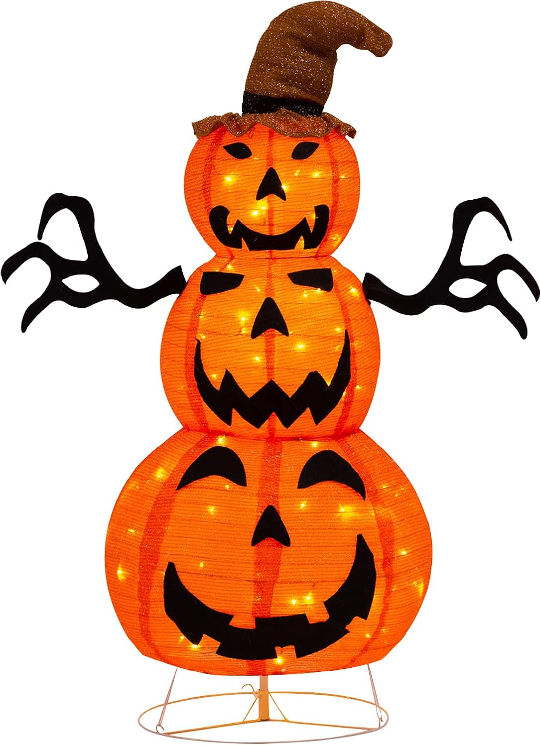 4FT Halloween Decorations Outdoor, Fabric Halloween Stacked Pumpkin Yard Decorations with Witches Hat Build in LED Lights for Lawn and Garden