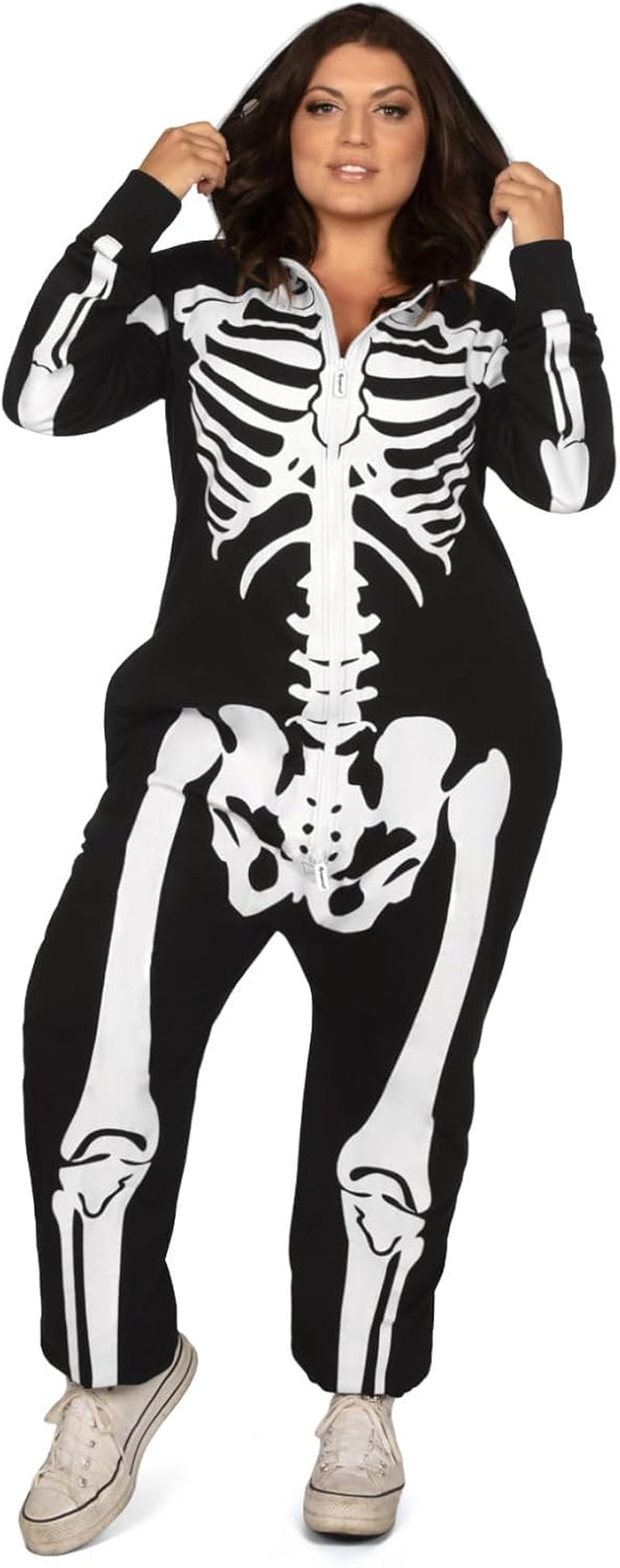 Halloween Skeleton Costume for Women - Comfy Easy Adult Onesie Jumpsuit - Front and Back Print with Zip up Mask