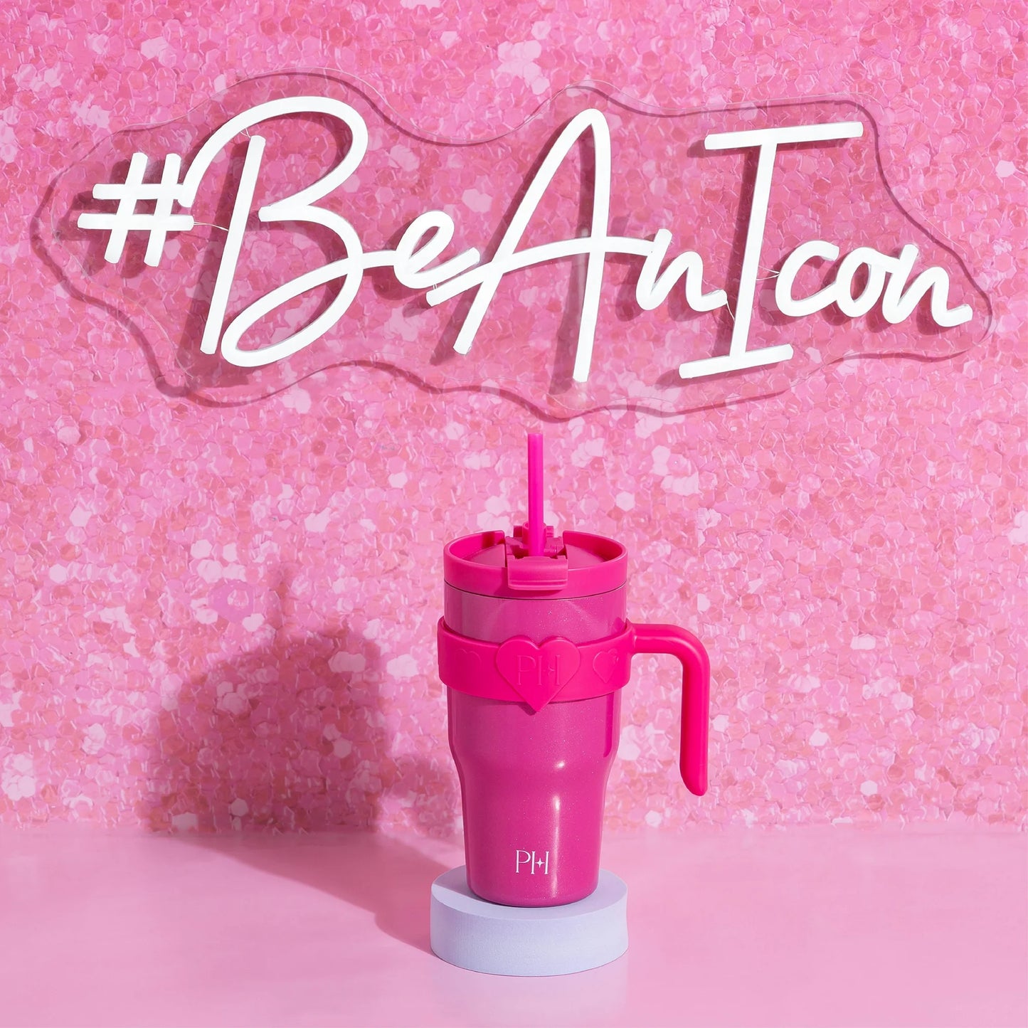 20 oz Double-Wall Insulated Tumbler, Includes 2-in-1 Lid & Removable Straw, Removable Heart-Detail Handle, Hot Pink