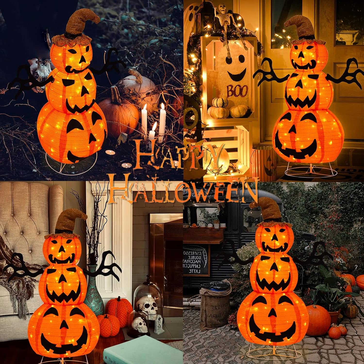 4FT Halloween Decorations Outdoor, Fabric Halloween Stacked Pumpkin Yard Decorations with Witches Hat Build in LED Lights for Lawn and Garden