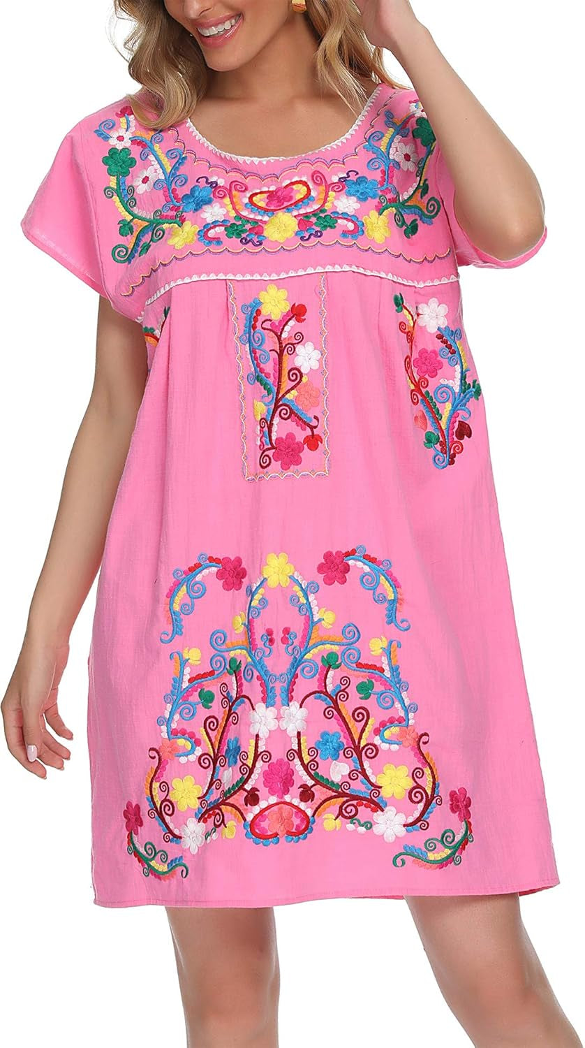 Women'S Casual Skirt Boho Mexican Peasant Dresse plus Size XXL Dress (225PINK, S)
