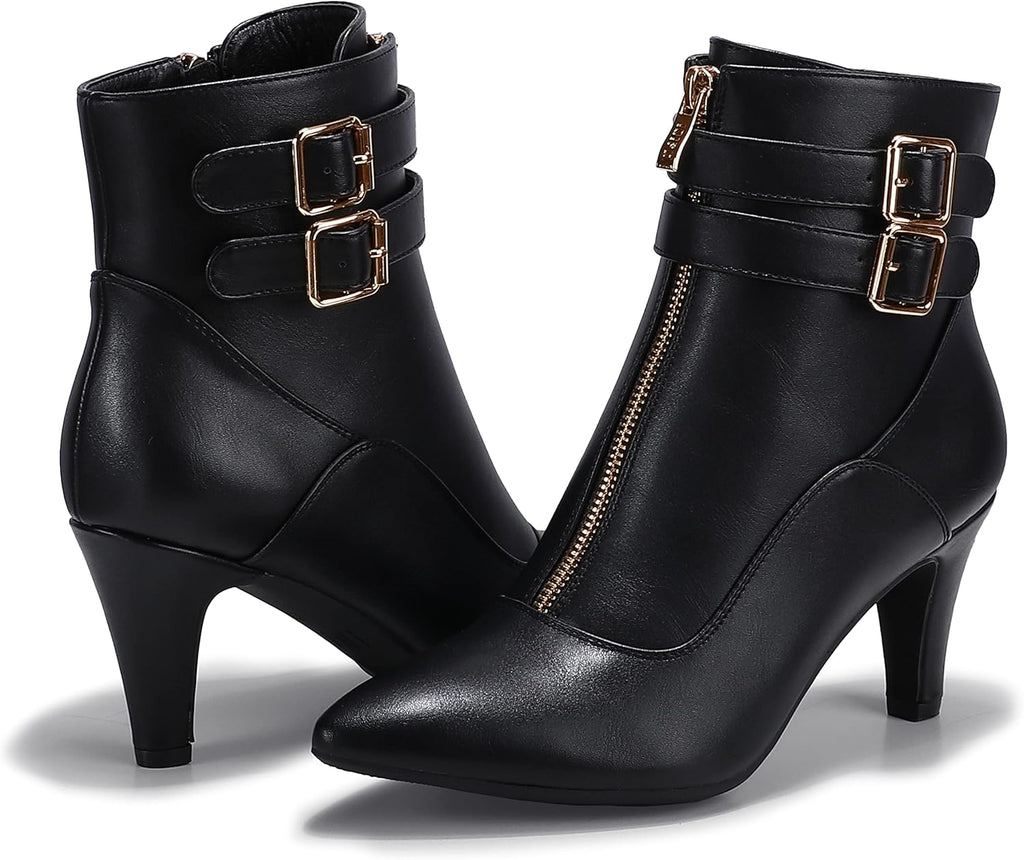 Women'S Pointed Toe Metal Buckle Two Strap Ankle Booties Side Zipper Kitten Heel Dress Classic Short Boots