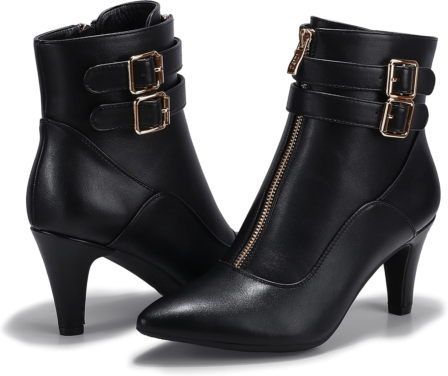 Women'S Pointed Toe Metal Buckle Two Strap Ankle Booties Side Zipper Kitten Heel Dress Classic Short Boots
