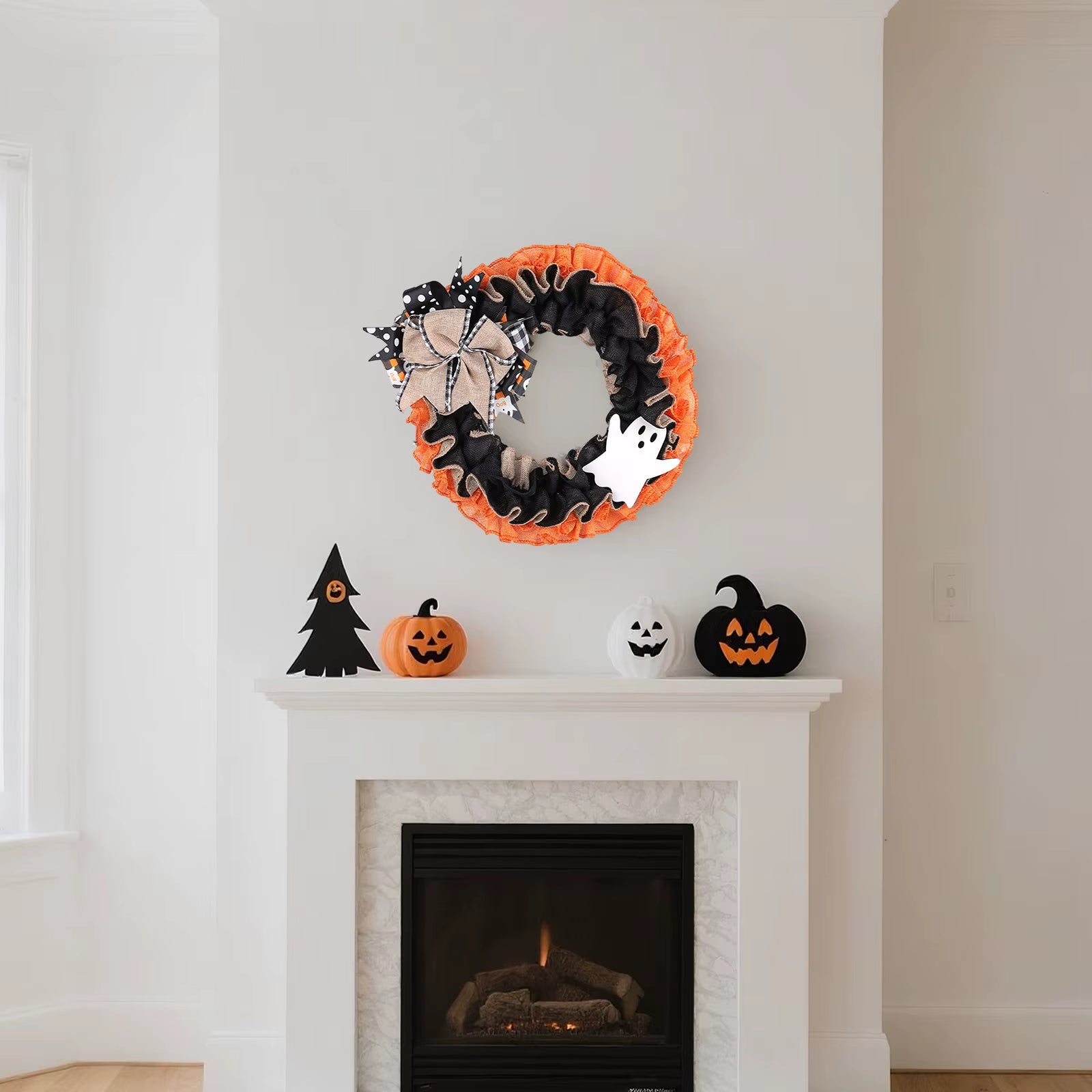Halloween Wreath Plaid Bow Ribbon Artificial Wreath Festival Garland Decoration Wreath Hanging Christmas Wreath for Home Party