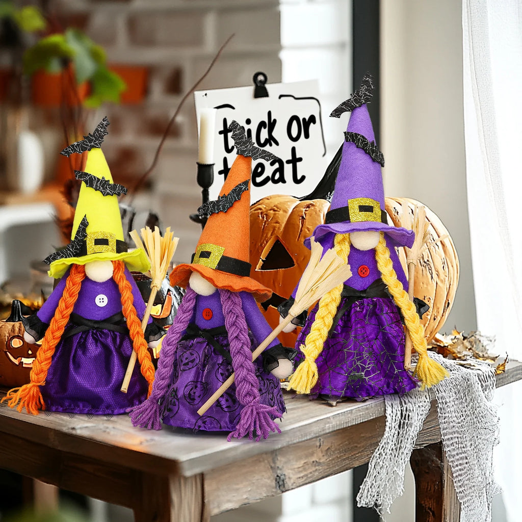 Hocus Pocus Halloween Gnomes Plush Decoration 3 Pcs Handmade Halloween Witches Swedish Scandinavian Tomte Elf Gnomes for Halloween Home Table Tiered Tray Decor