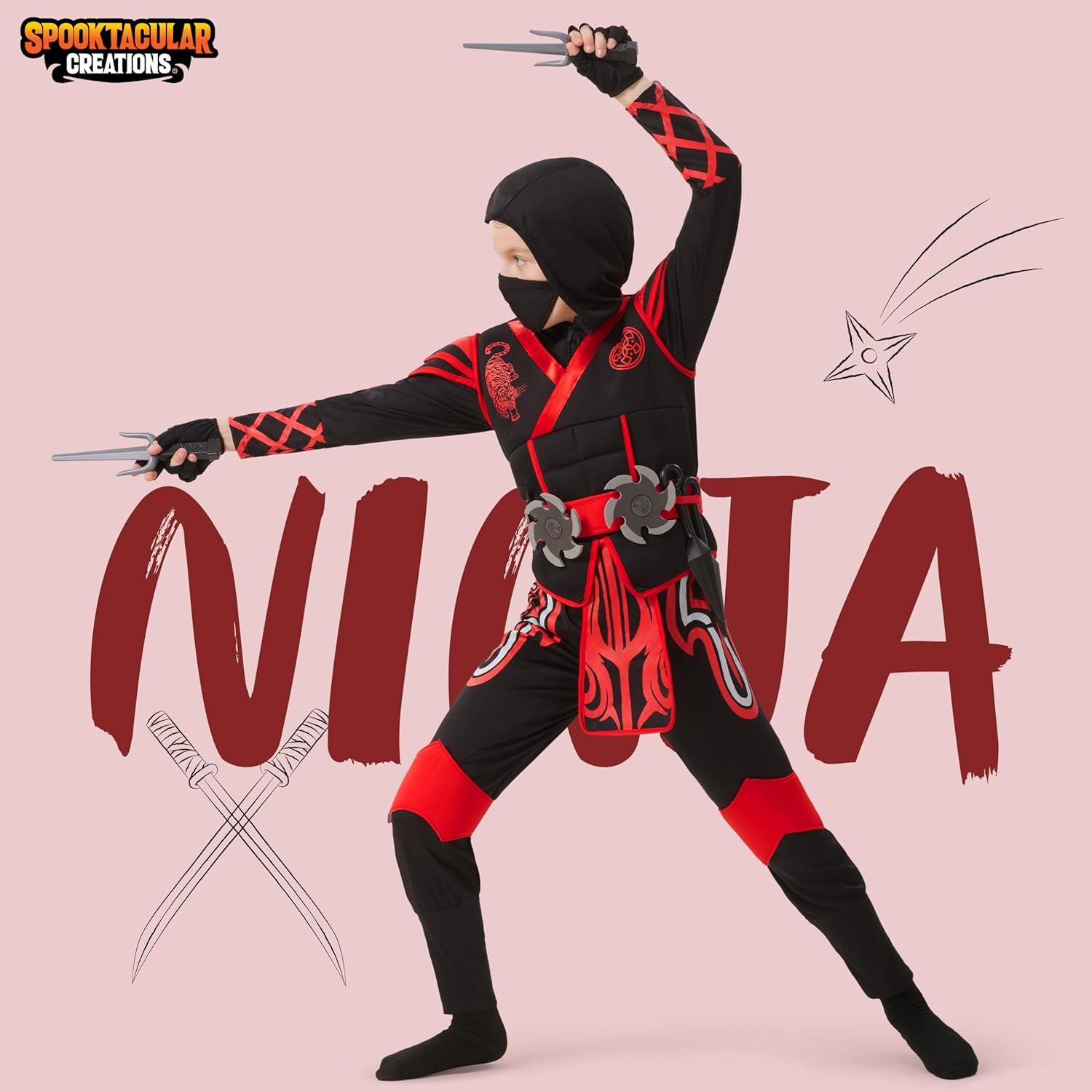 Red Ninja Costume for Kids, Boys Halloween Dress up Party, Ninja Role Playing