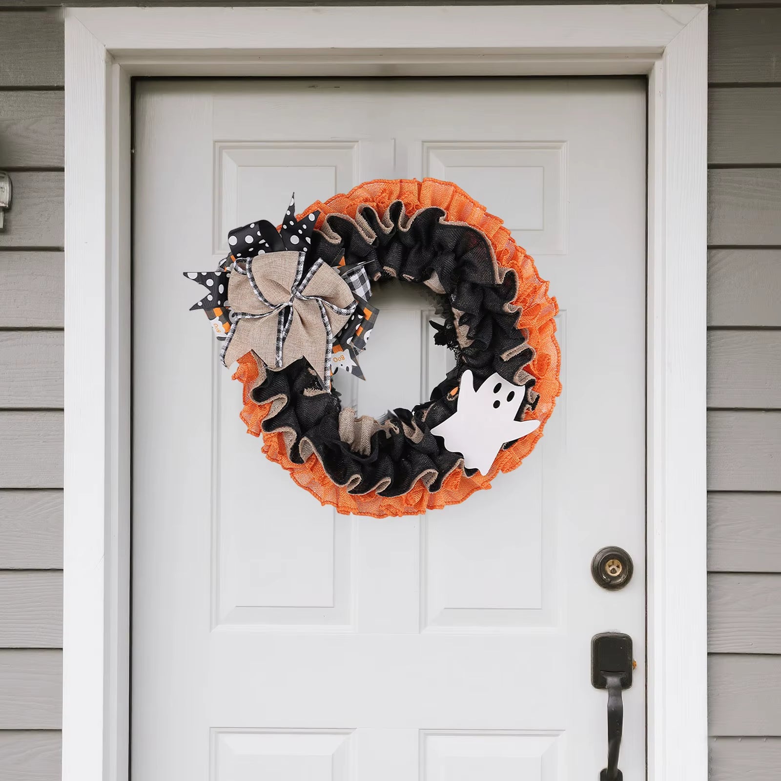 Halloween Wreath Plaid Bow Ribbon Artificial Wreath Festival Garland Decoration Wreath Hanging Christmas Wreath for Home Party