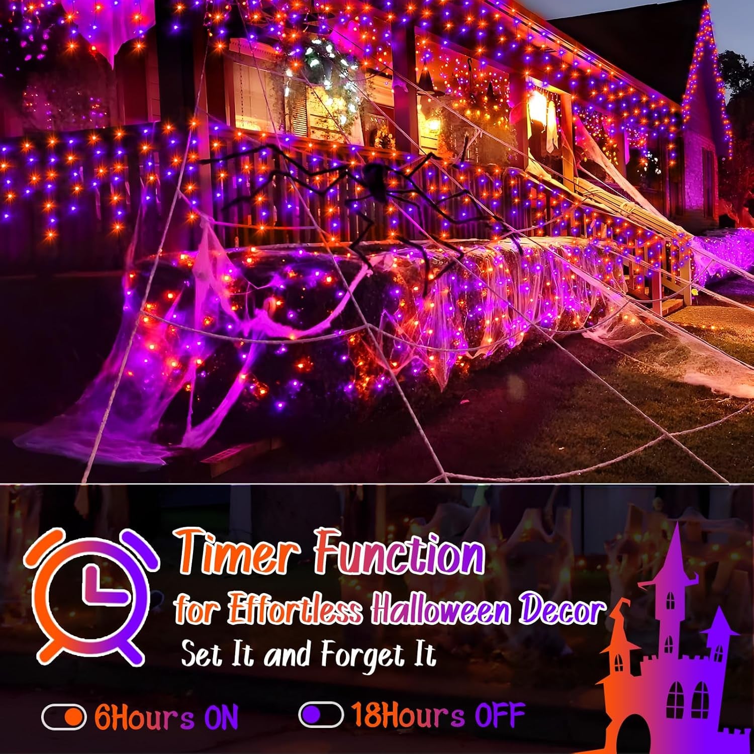 Orange Purple Halloween Lights 33FT 400 LED String Lights Outdoor with 75 Drops, 8 Lighting Modes, Timer Memory Function Connectable Hanging Curtain Lights for Halloween Party Decor
