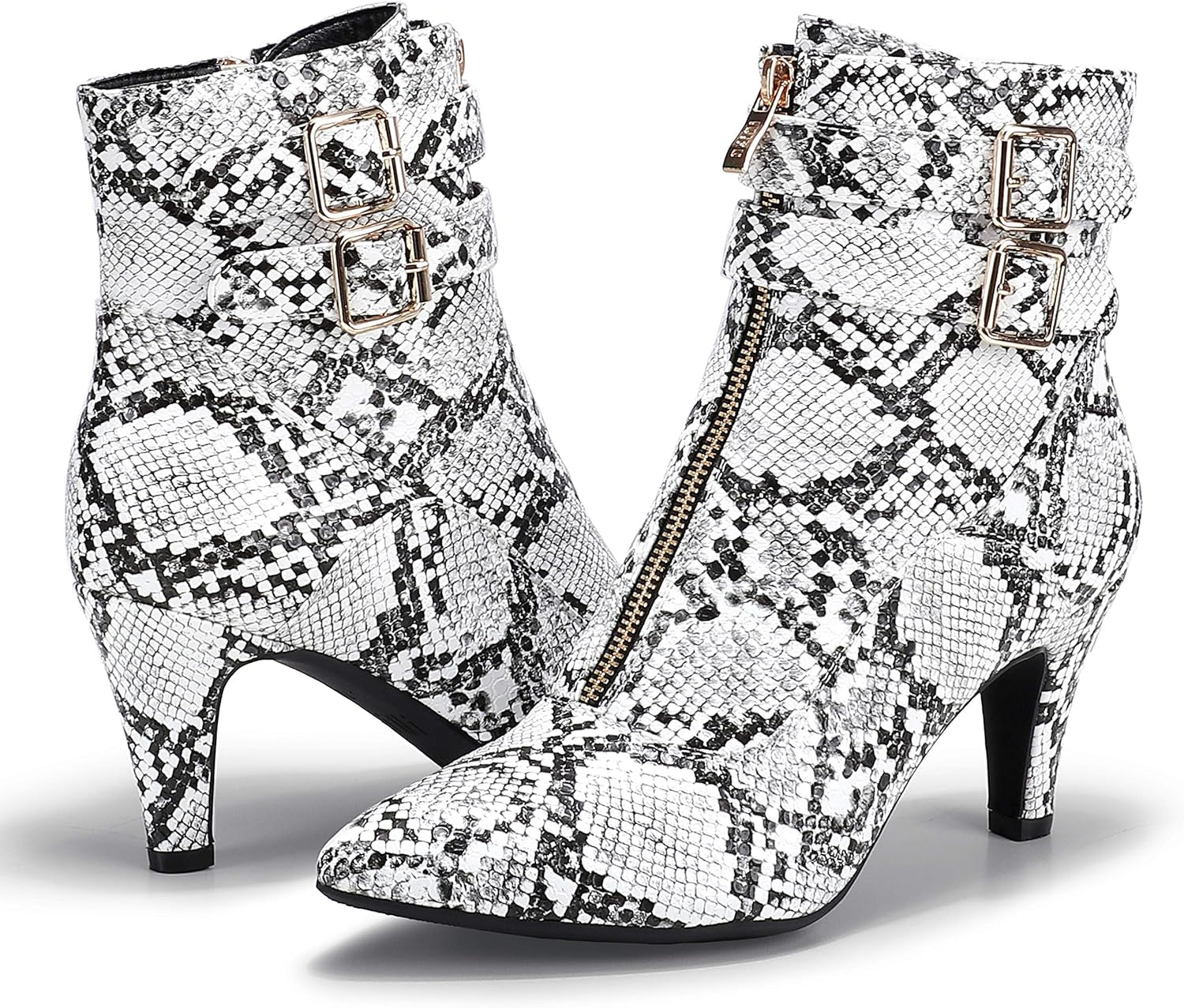 Women'S Pointed Toe Metal Buckle Two Strap Ankle Booties Side Zipper Kitten Heel Dress Classic Short Boots
