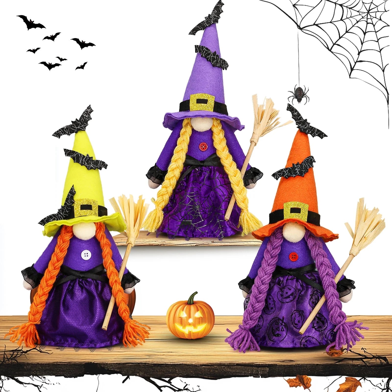 Hocus Pocus Halloween Gnomes Plush Decoration 3 Pcs Handmade Halloween Witches Swedish Scandinavian Tomte Elf Gnomes for Halloween Home Table Tiered Tray Decor