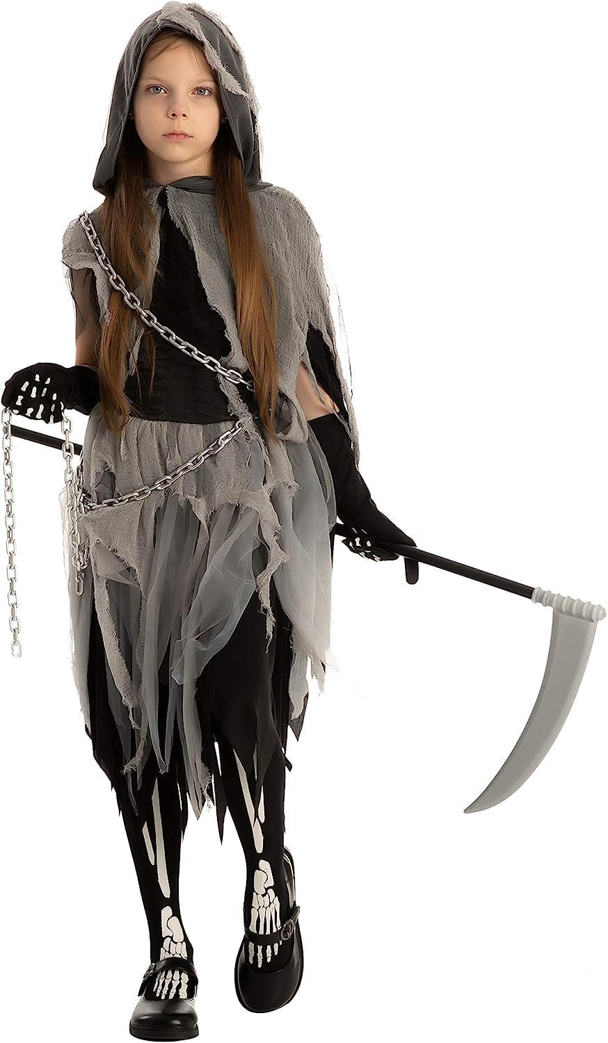 Girl Grim Reaper Costume with Gloves and Tights Glow in the Dark, Scary Halloween Costume