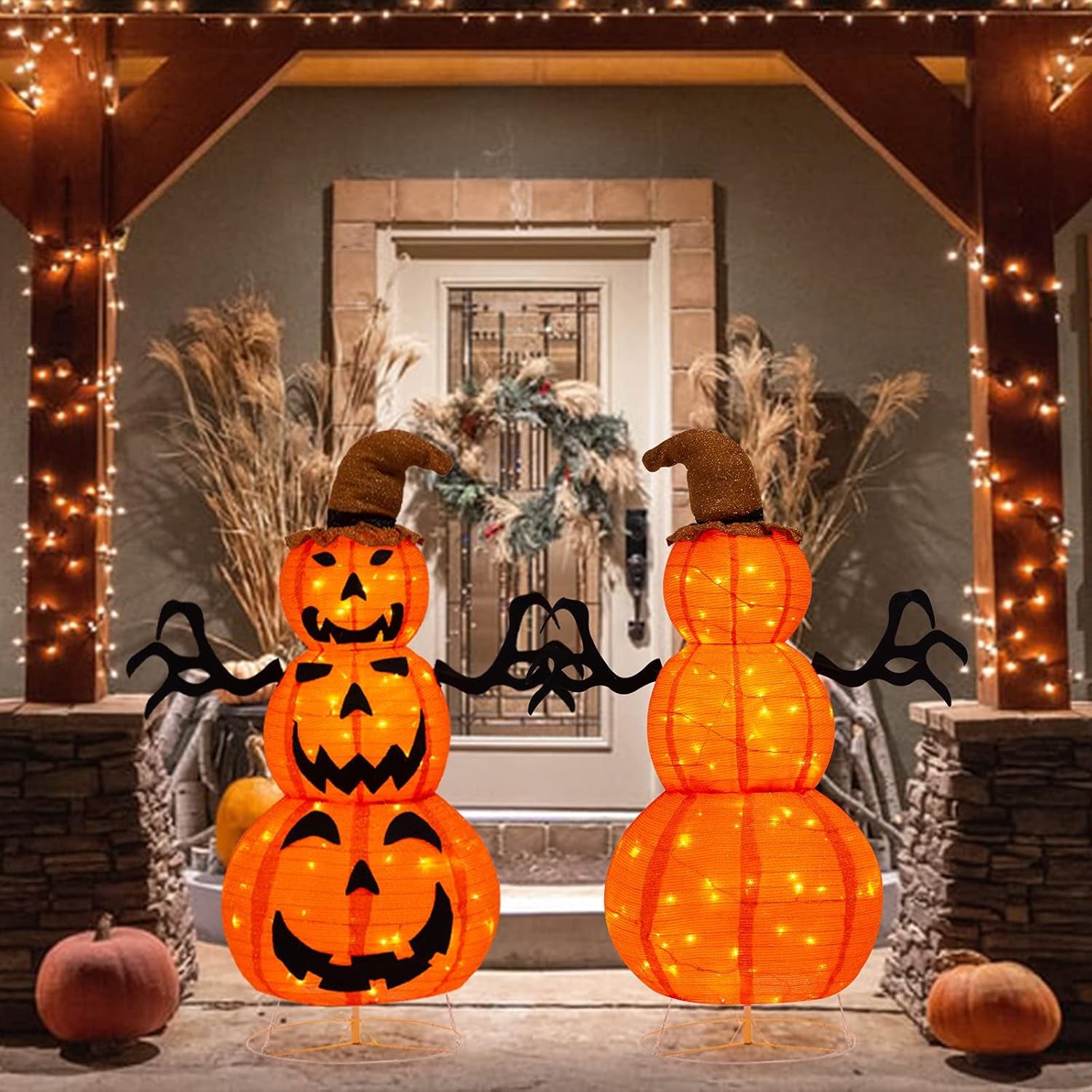 4FT Halloween Decorations Outdoor, Fabric Halloween Stacked Pumpkin Yard Decorations with Witches Hat Build in LED Lights for Lawn and Garden