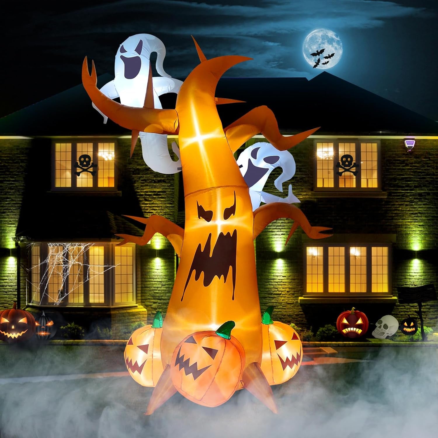 8 Feet Halloween Inflatable Dead Tree with Ghost Pumpkins  Blow up LED Light Dead Tree for Halloween Outdoor Indoor Holiday Decorations Yard Lawn Decor for Home Family Halloween Party