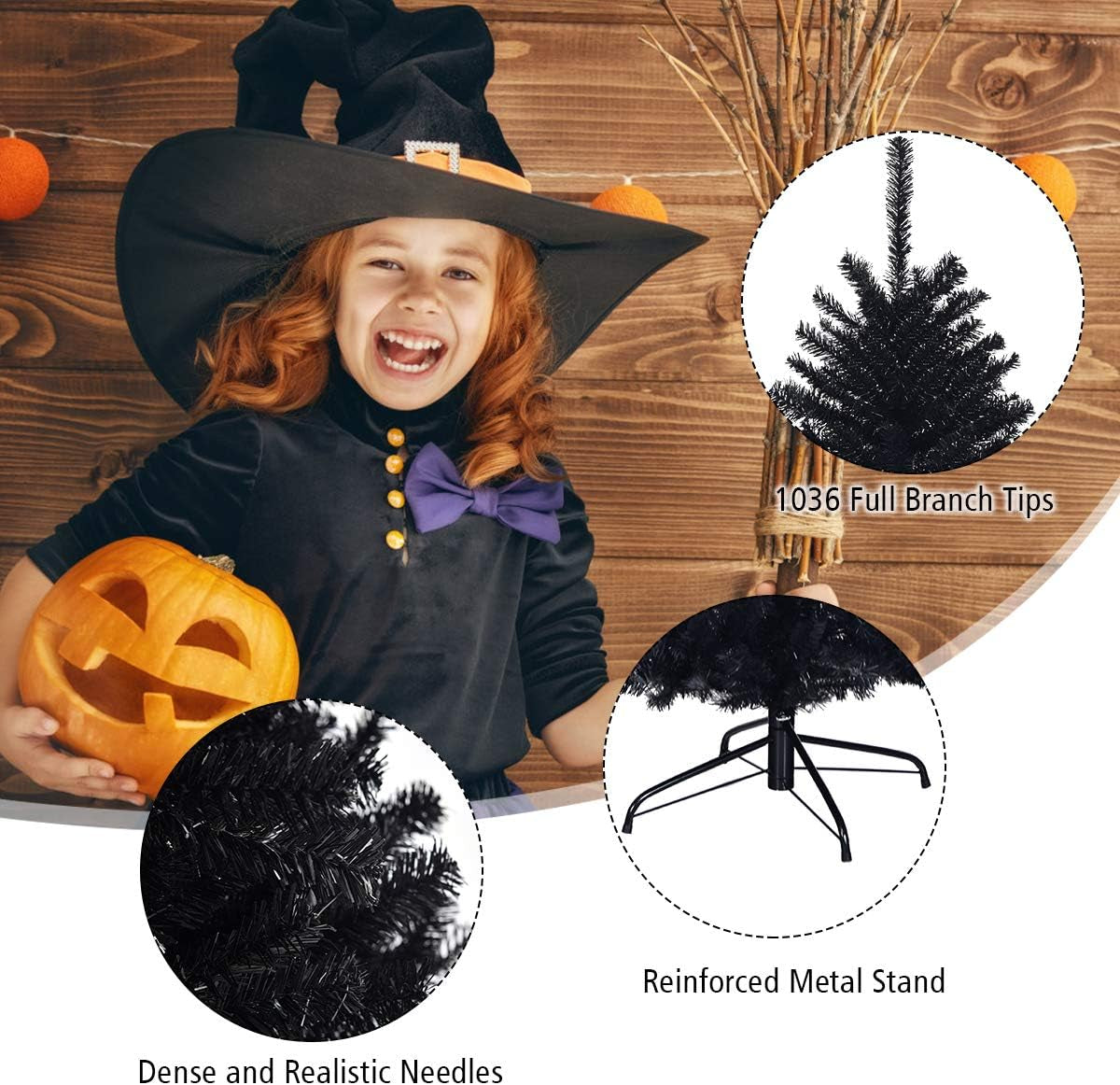 7.5Ft Unlit Black Christmas Tree, Artificial Halloween Tree with 1258 Branch Tips, Metal Stand, Xmas Full Tree for Indoor Holiday Carnival Party